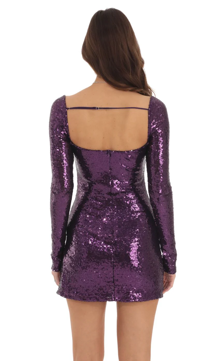 Sequin Long Sleeve Bodycon Dress in Purple