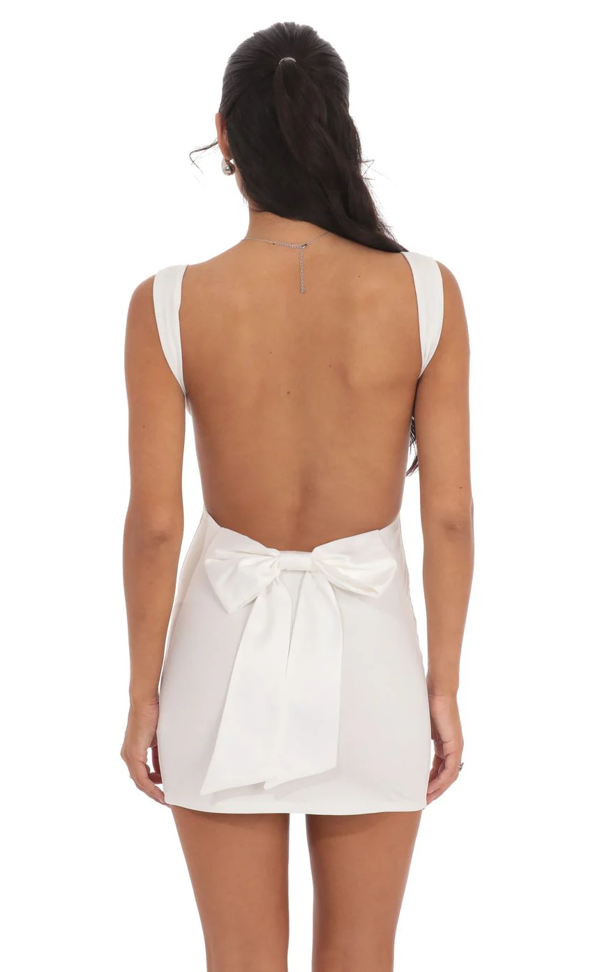 Open Back Satin Bow Dress in White
