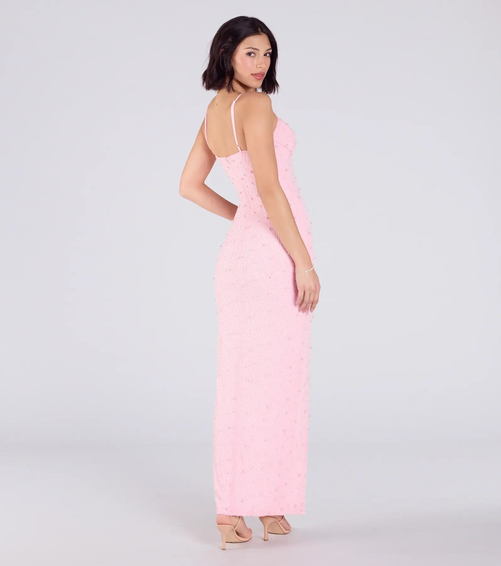 Klara Cowl Neck Faux Pearl Bead Column Dress