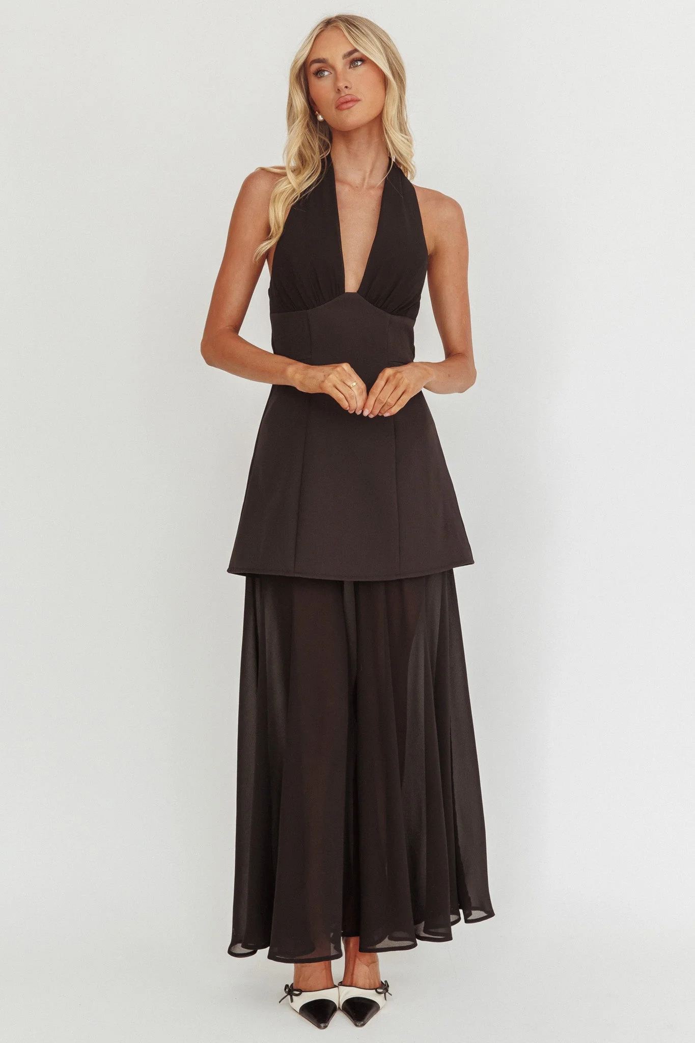 Opulent Halterneck Layered Maxi Dress Black