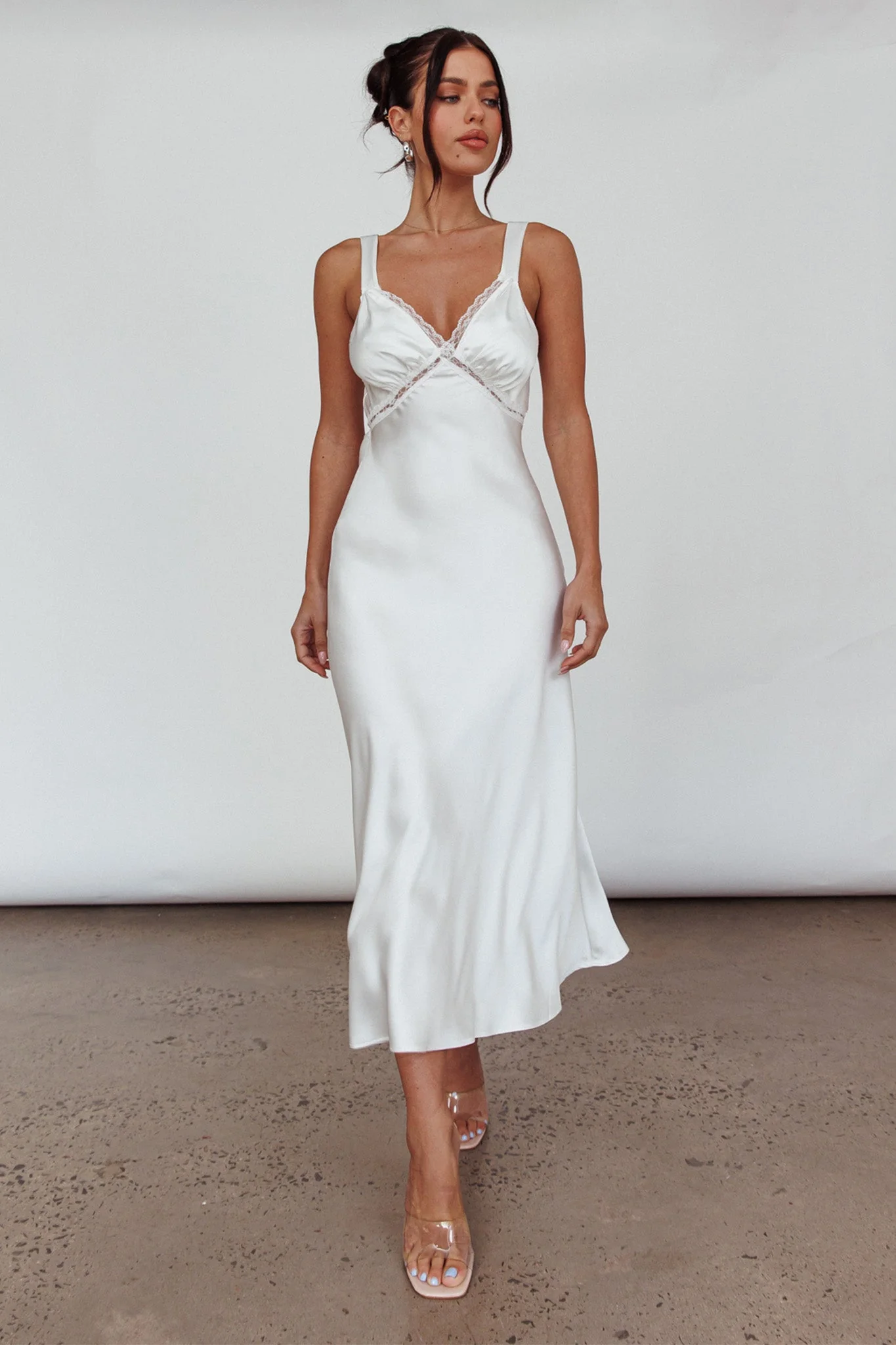 Nyah Lace Trim Midi Dress Off White