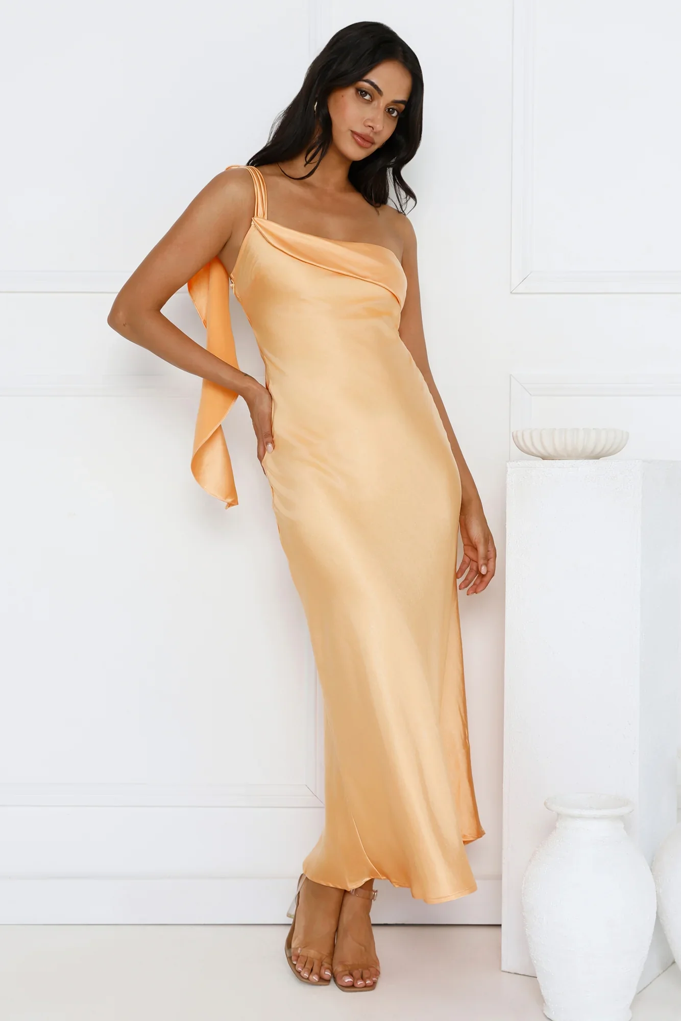 Romantic Tales Satin One Shoulder Maxi Dress