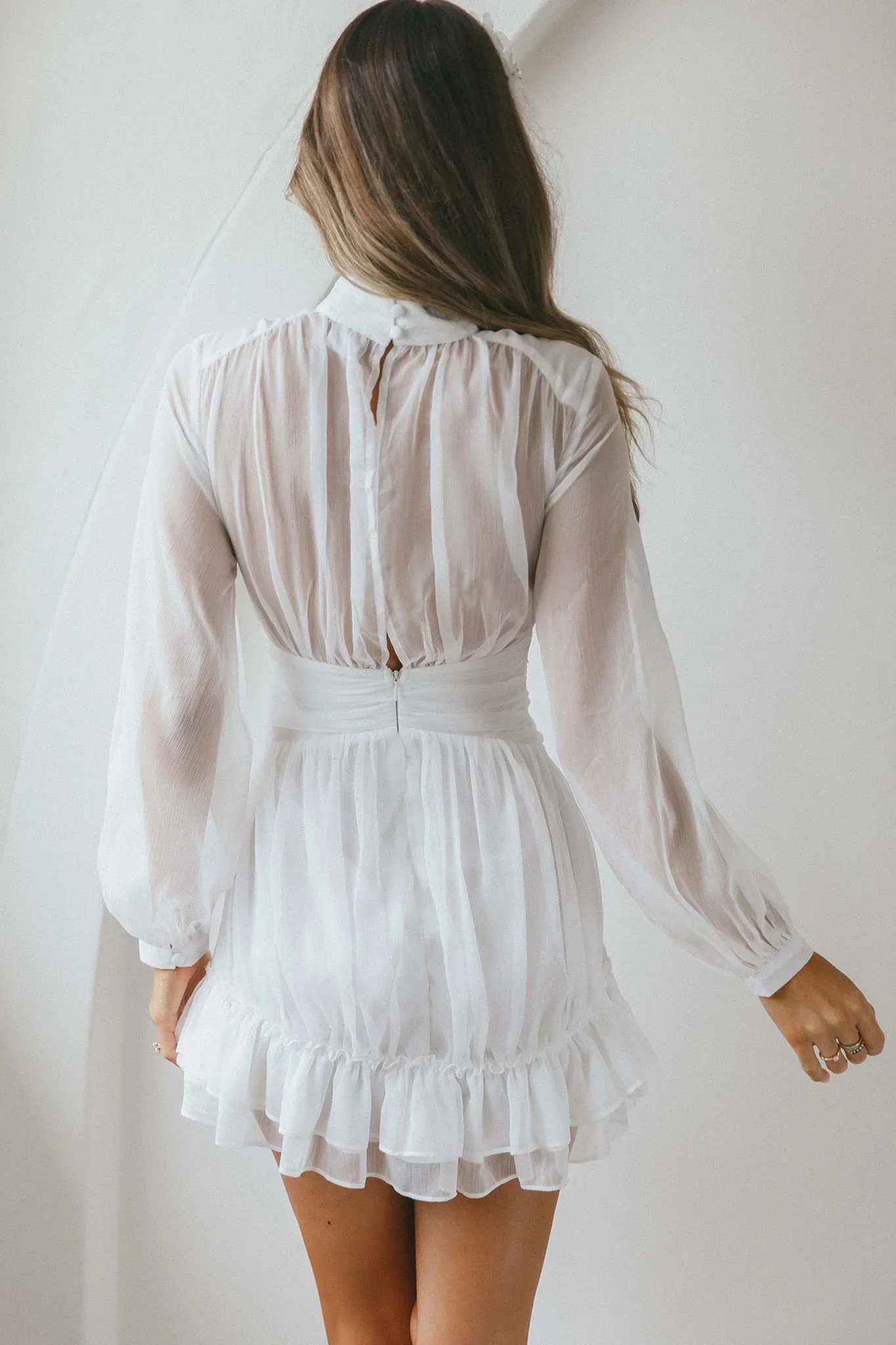 Mandalay High Neck Long Sleeve Waistband Dress White