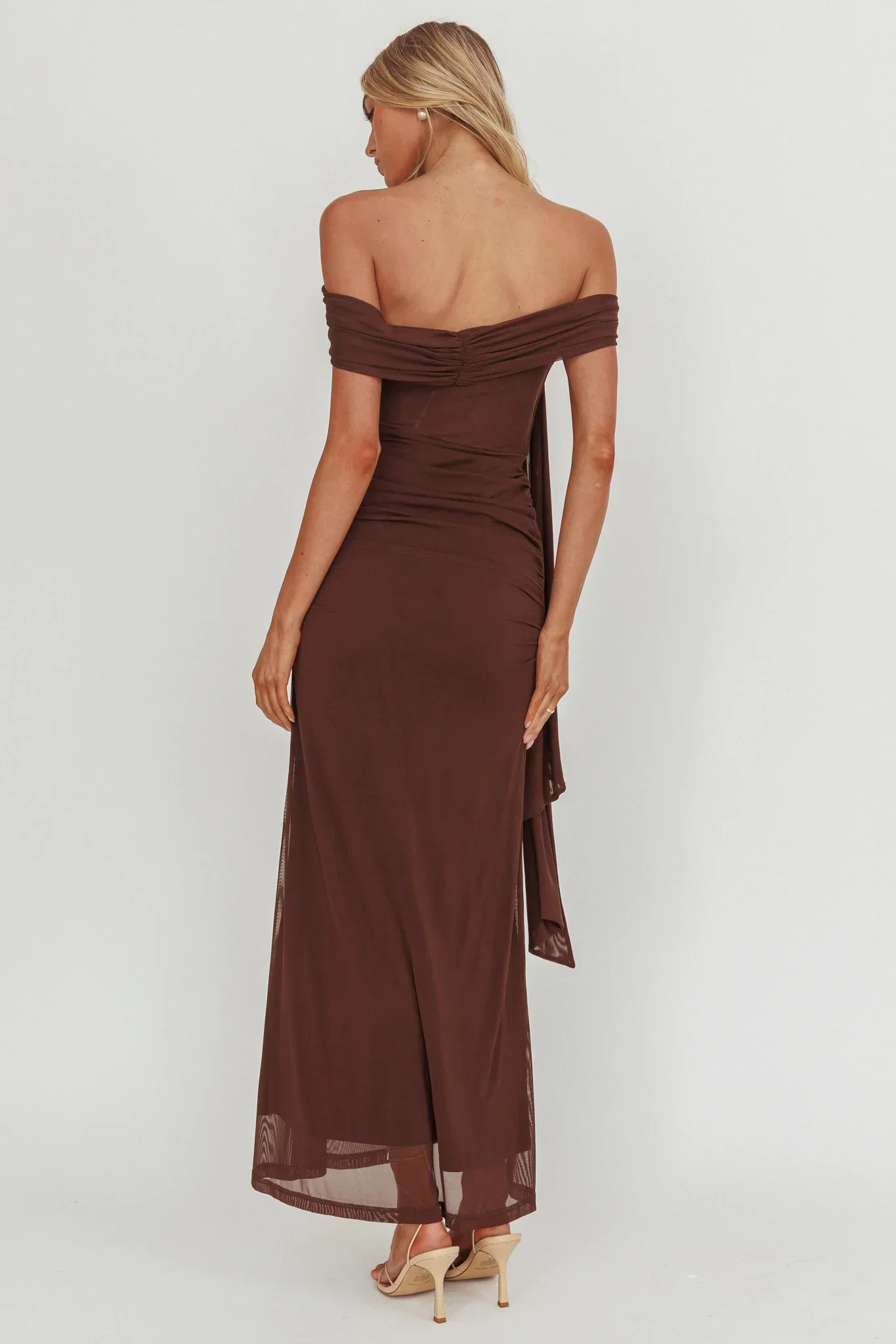 Silver Moon Tied Off-Shoulder Maxi Dress Chocolate