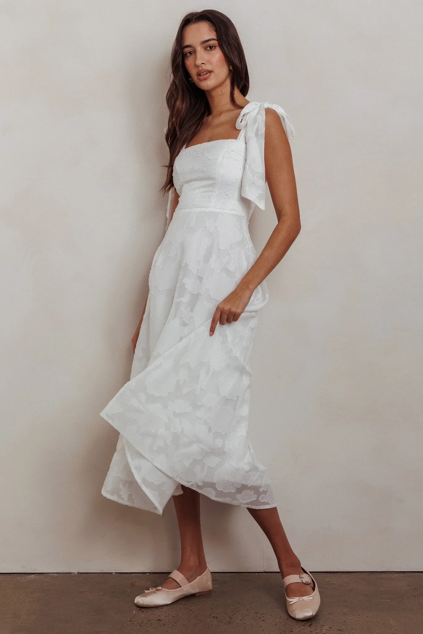 Jeanie Bow Shoulder Midi Dress Embossed White