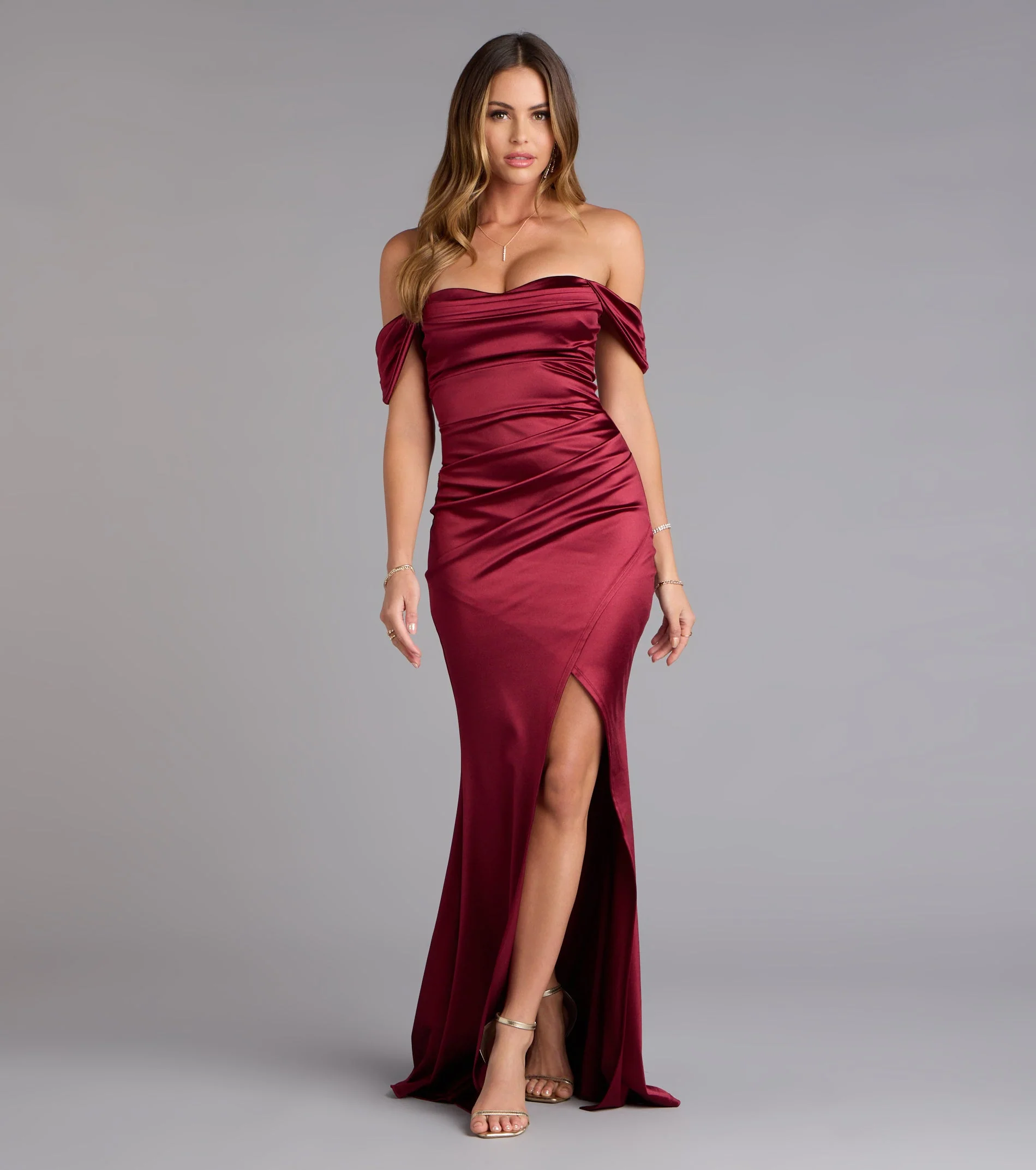 Belinda Off-The-Shoulder Slit Satin Formal Dress