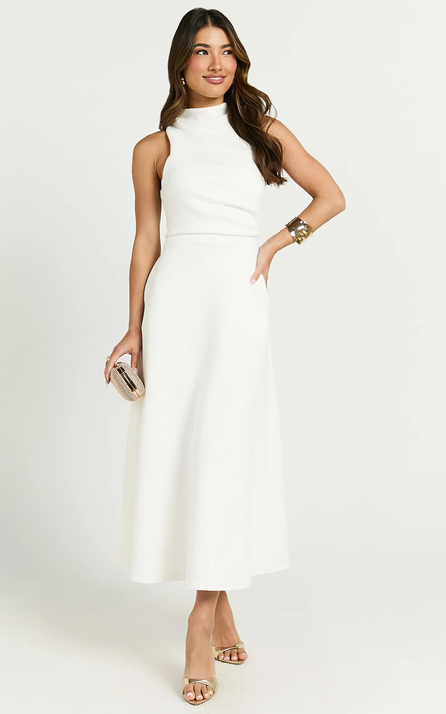 Macy Midi Dress High Neck A Line Dress in Off White
