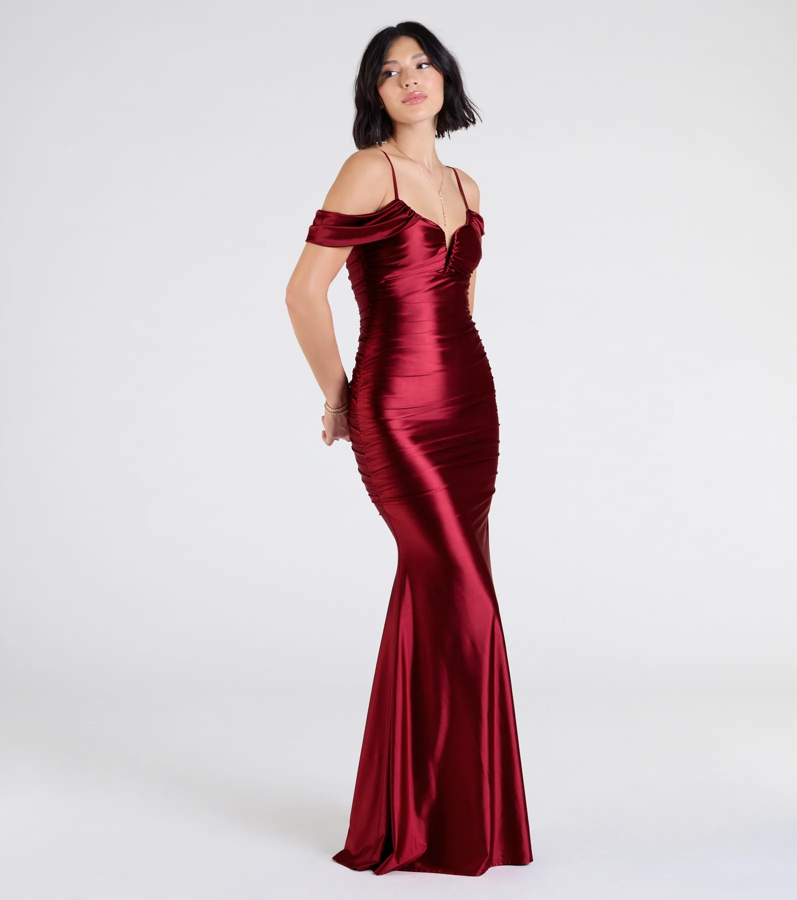 Jelene Cold-Shoulder Mermaid Satin Formal Dress