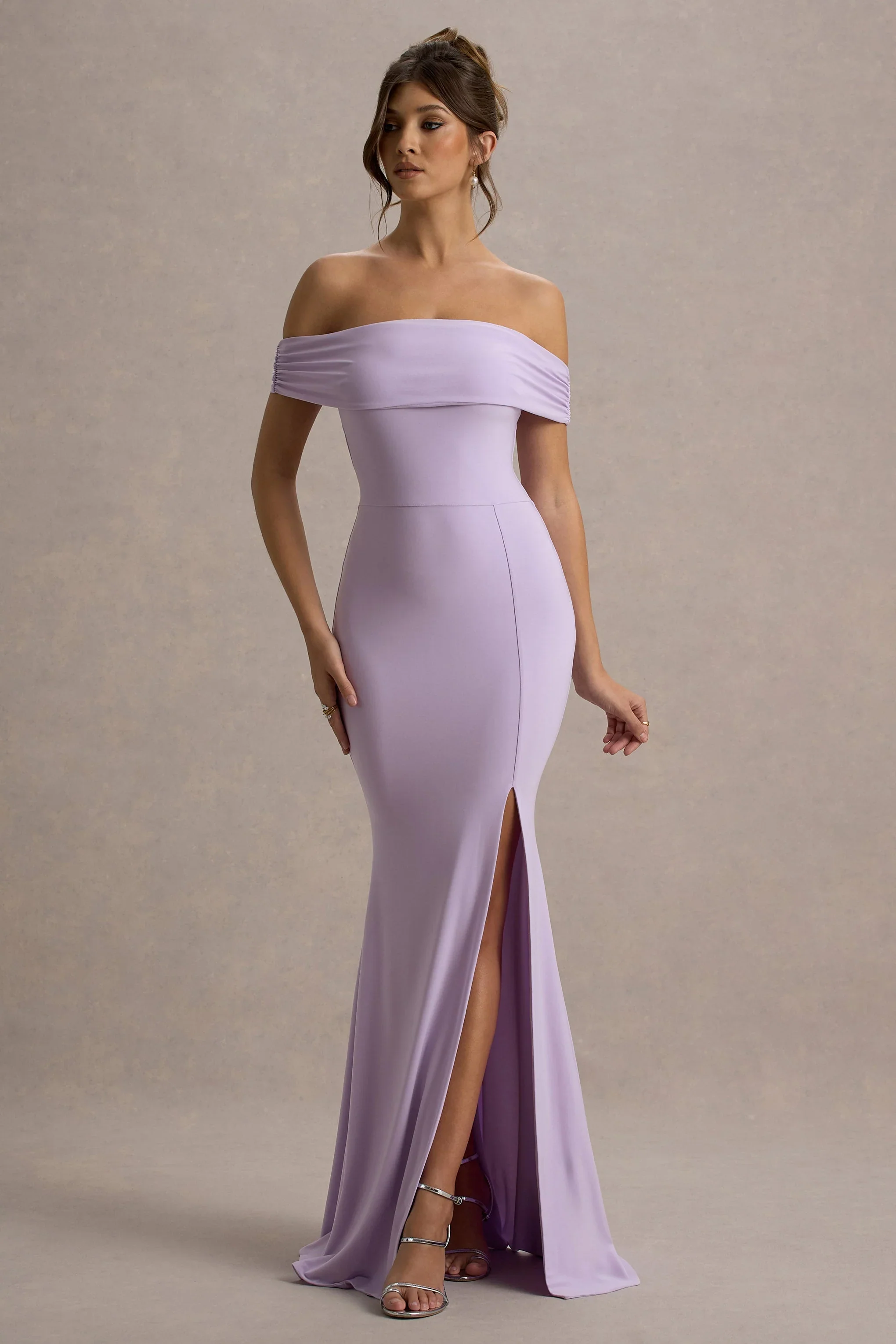Law of Attraction | Lilac Bardot Draped Split Maxi Dress