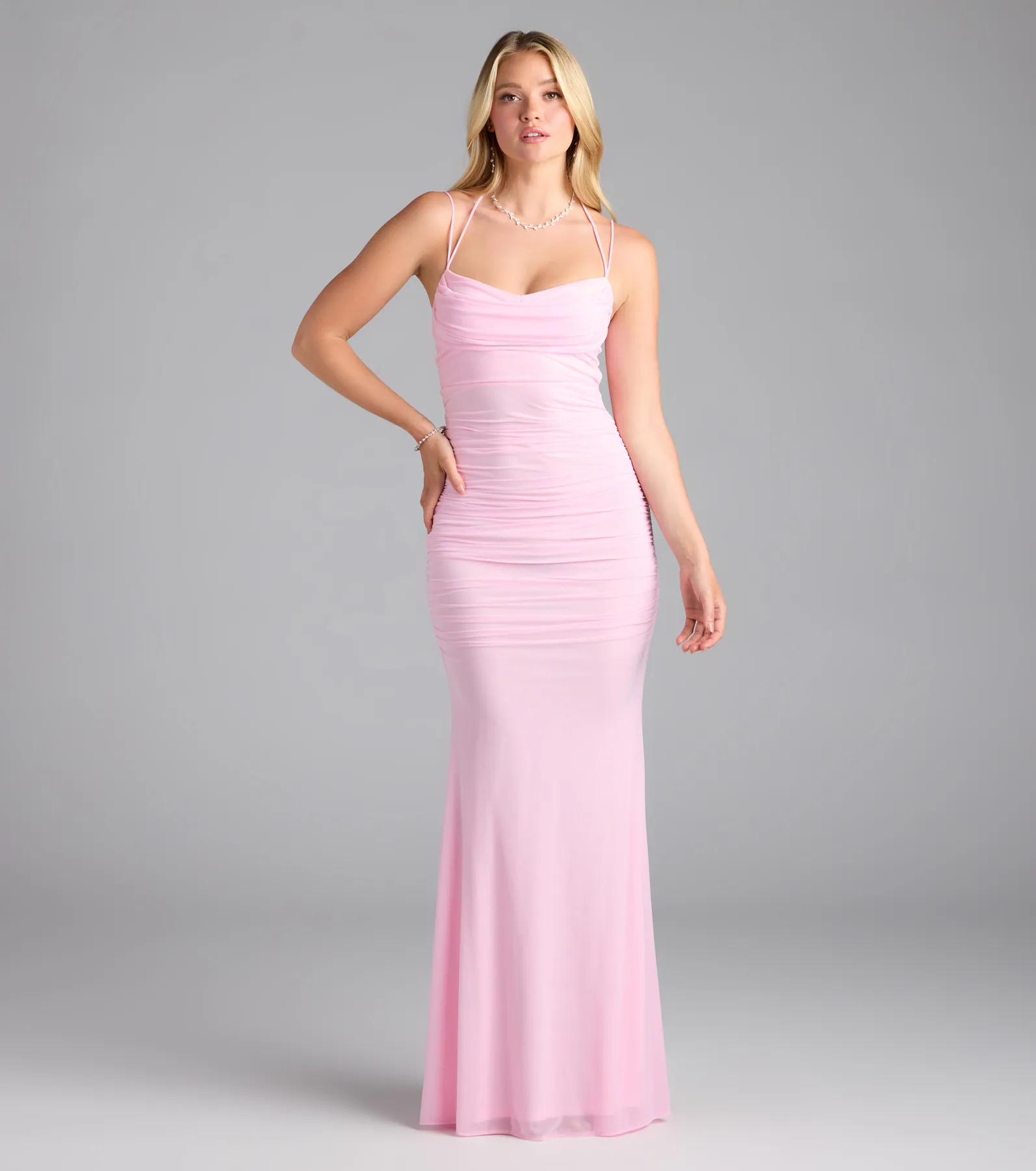 Jae Formal Mesh Ruched Mermaid Long Dress