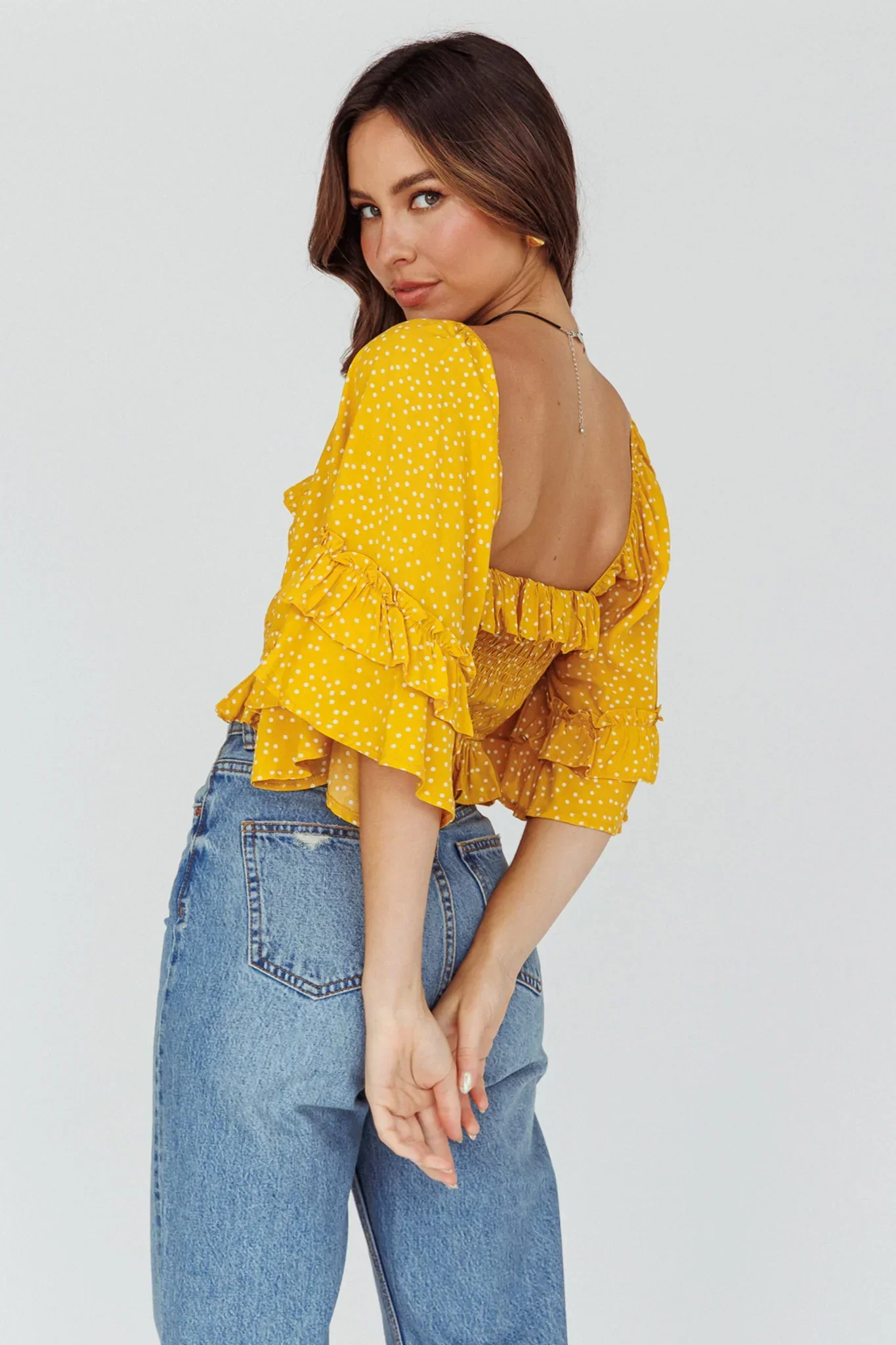 Boardwalk Bell Sleeve Crop Top Spotty Mustard
