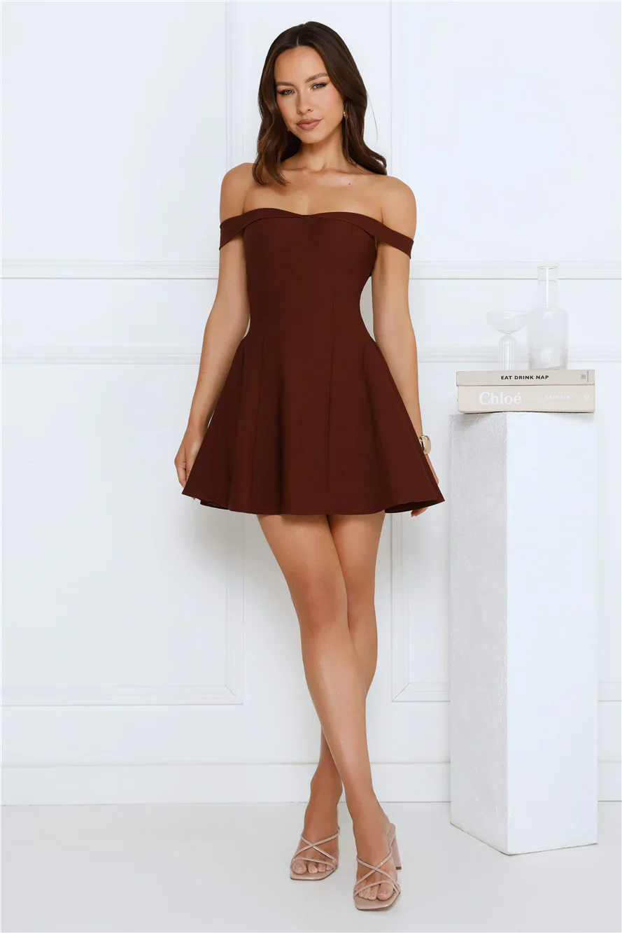 Waverly Off Shoulder Mini Dress Brown
