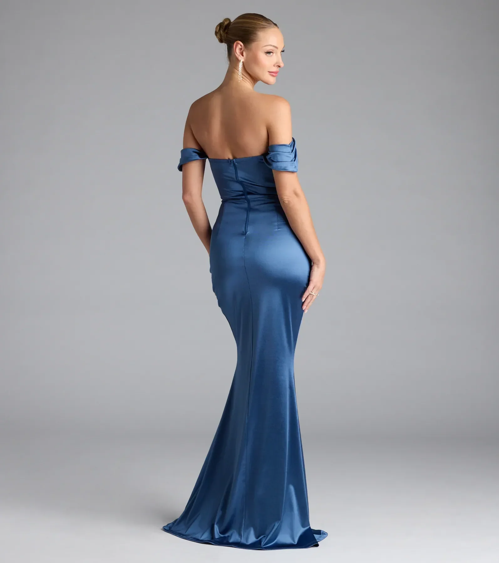 Belinda Off-The-Shoulder Slit Satin Formal Dress