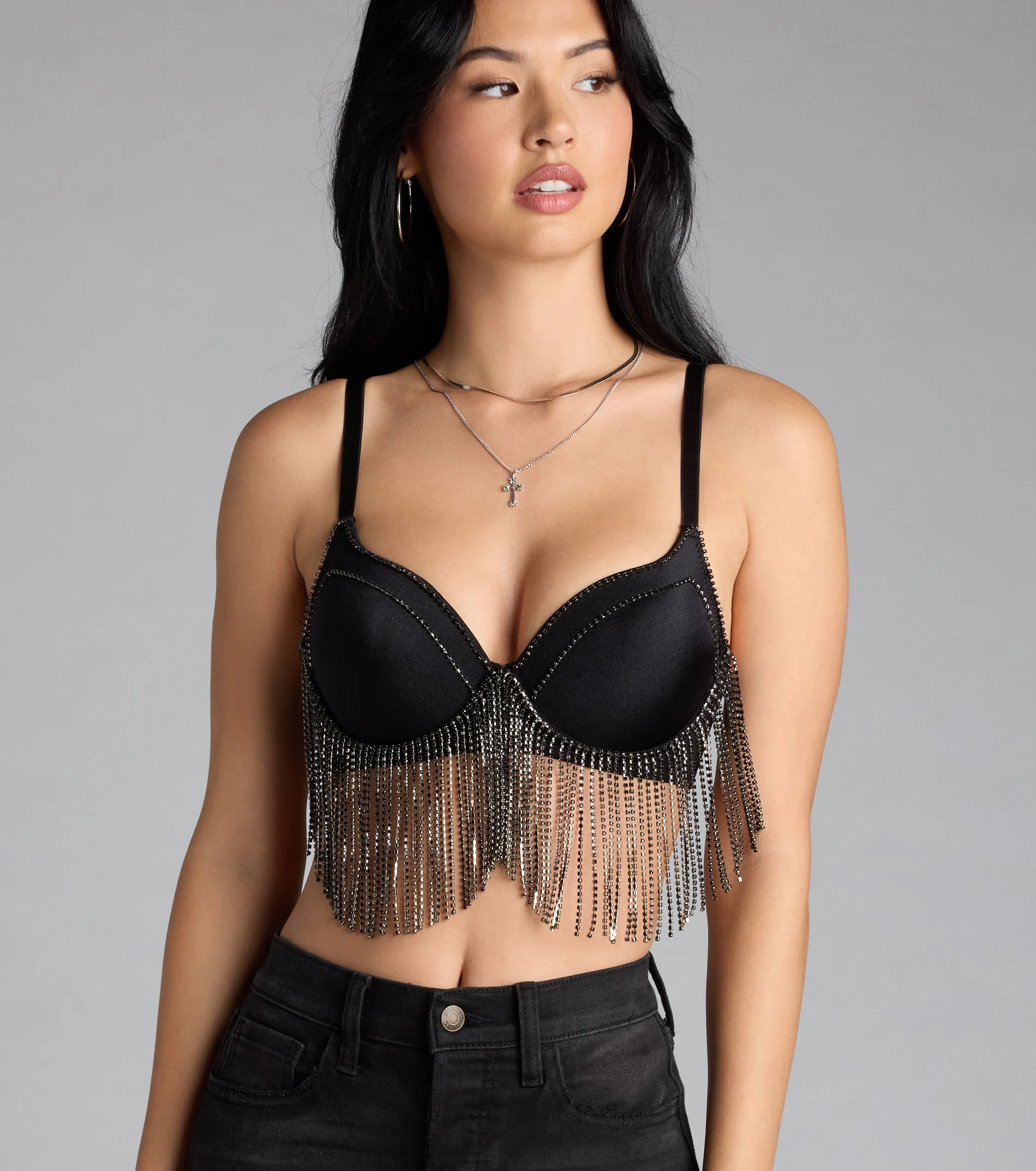 Watch Me Shine Rhinestone Fringe Bra Top