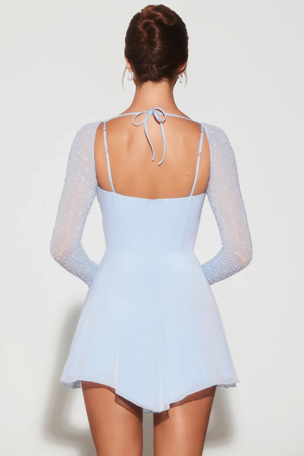 Naples Embellished Long Sleeve Angled Hem Mini Dress in Blue