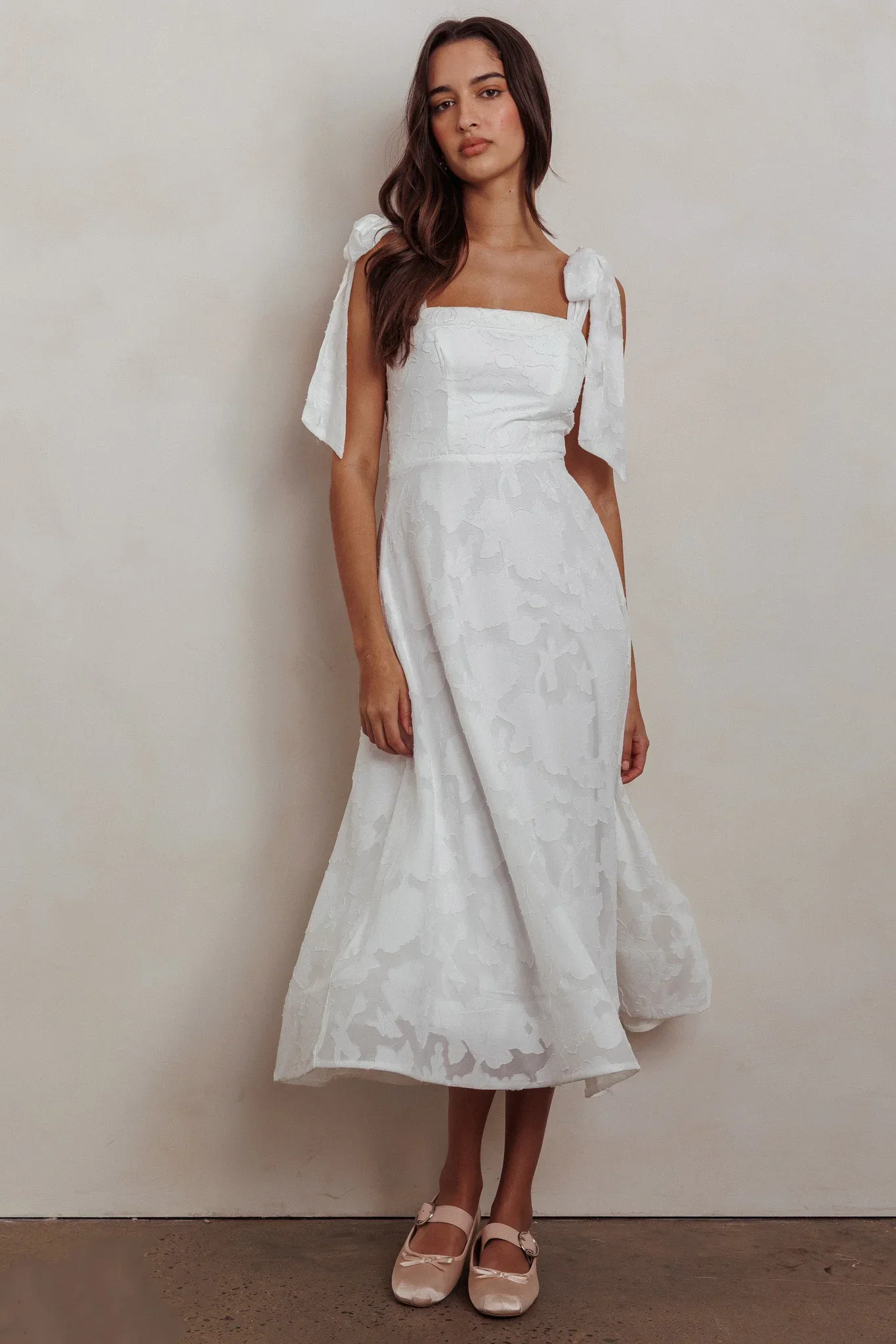 Jeanie Bow Shoulder Midi Dress Embossed White