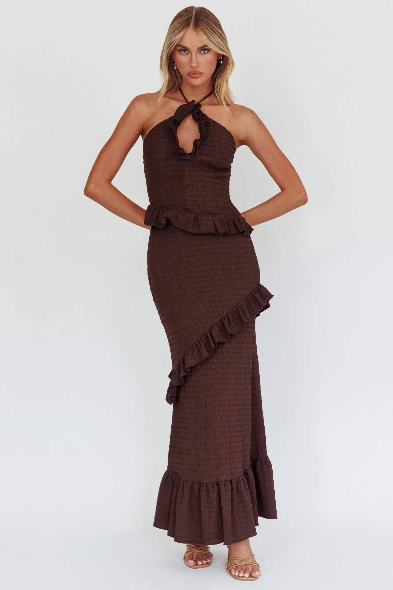 Clemence Smocked Frill Trim Maxi Dress Chocolate