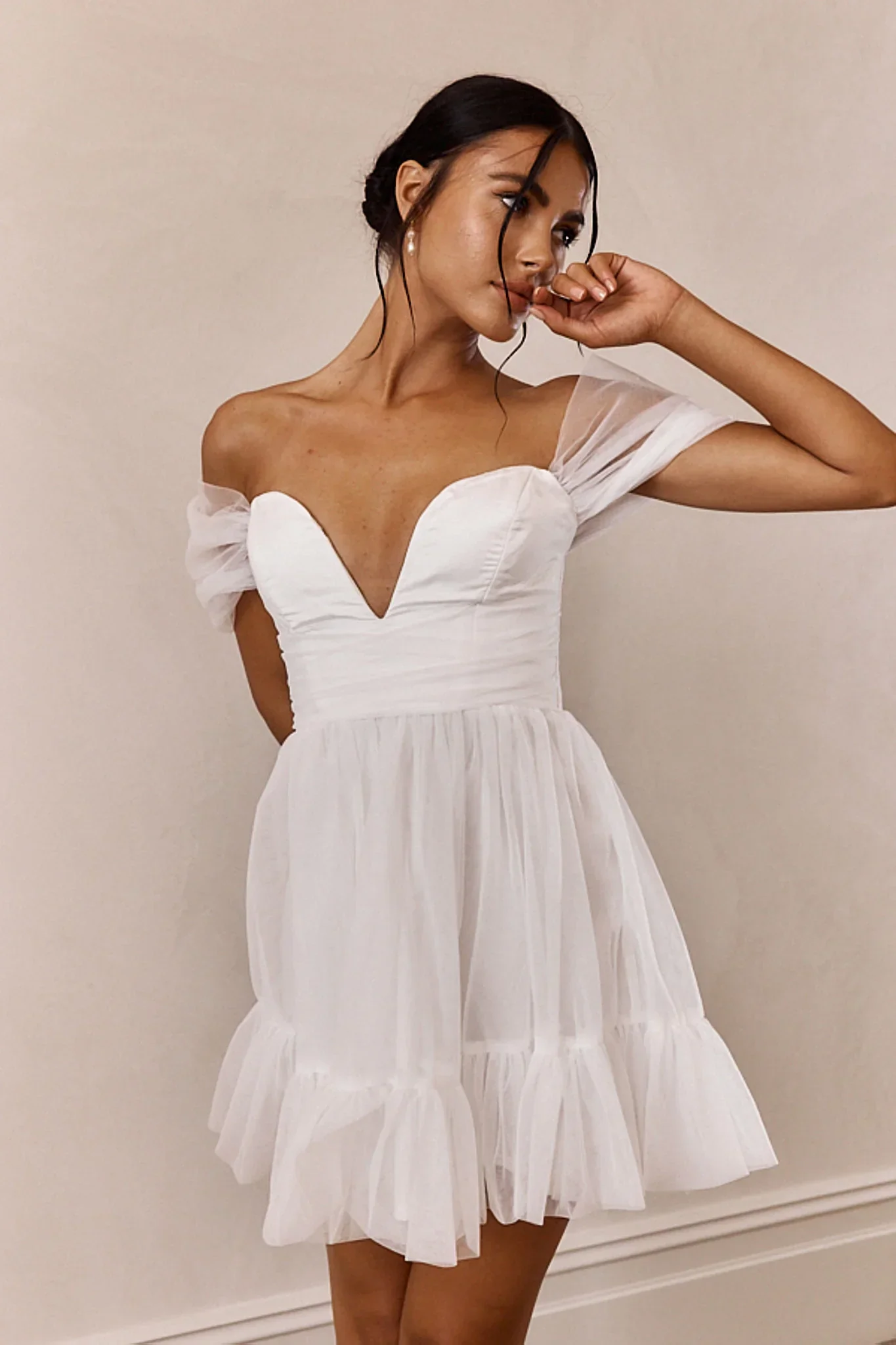 Pixi Off-Shoulder Lace-Up Back Mini Dress White