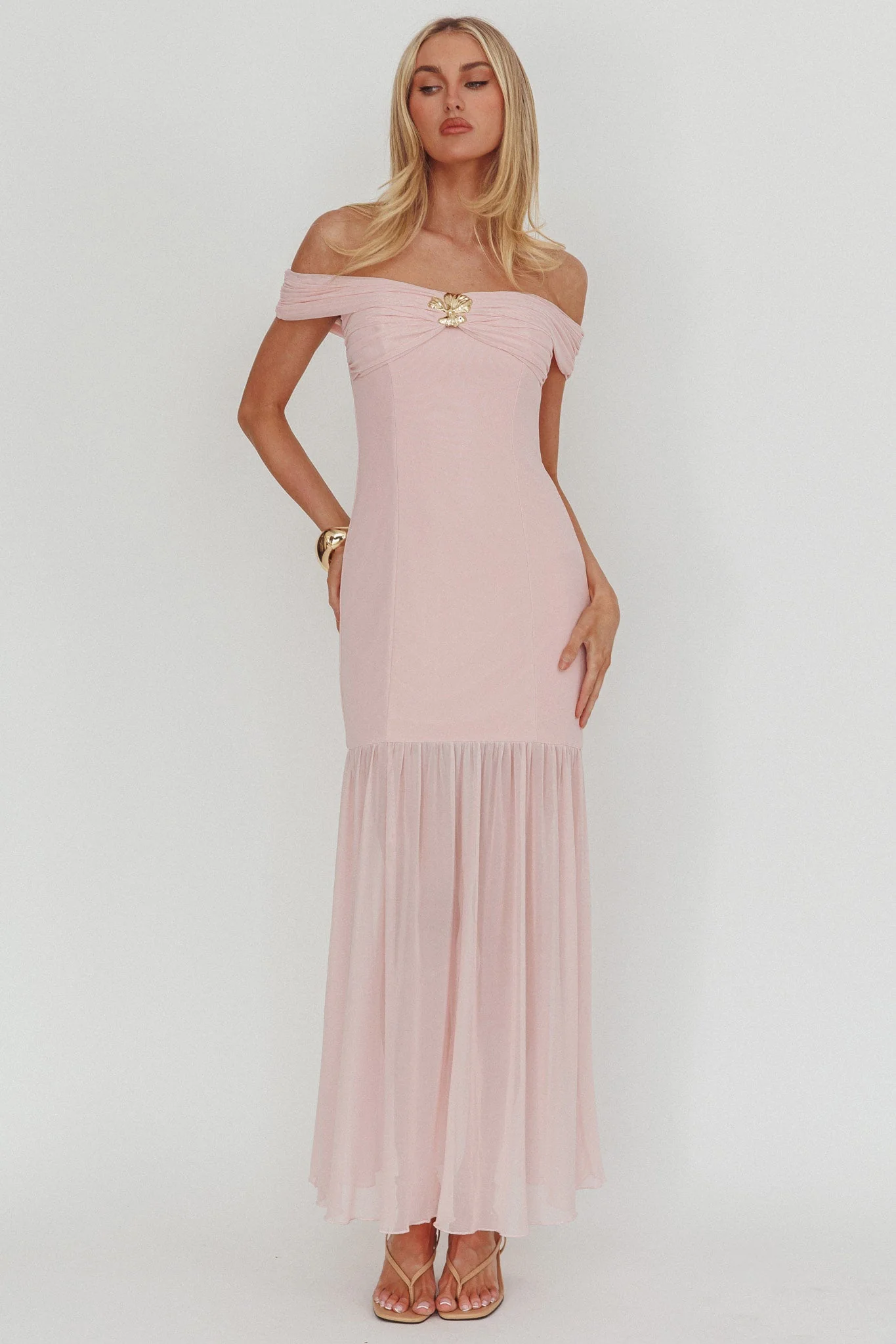 Wilma Off-Shoulder Sheer Hem Maxi Dress Pink