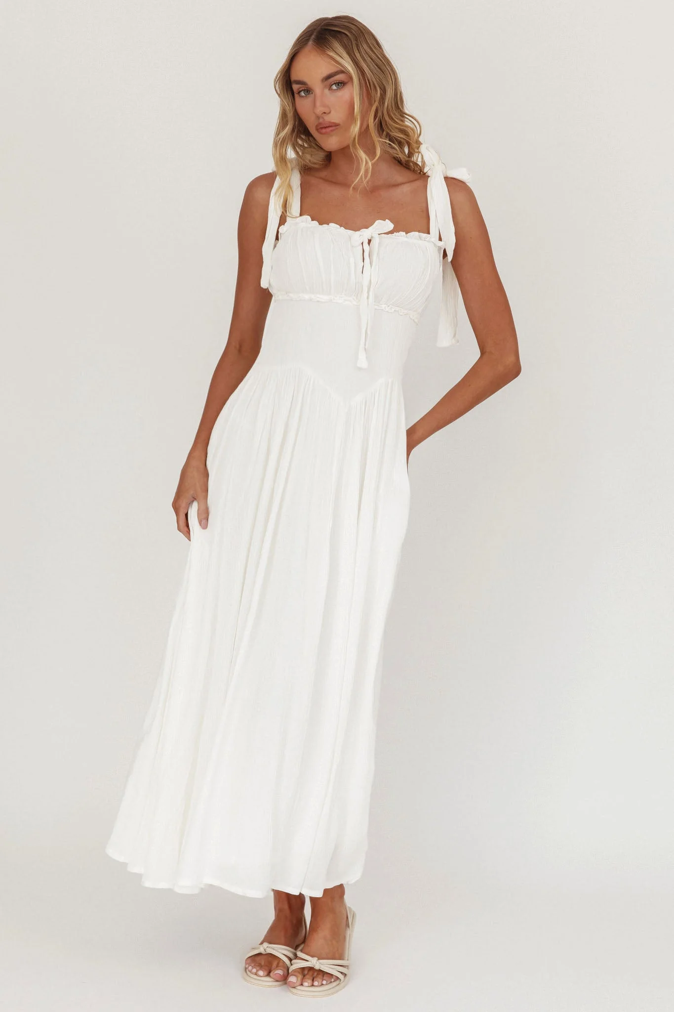 Albury Tied Shoulder Basque Waist Midi Dress White