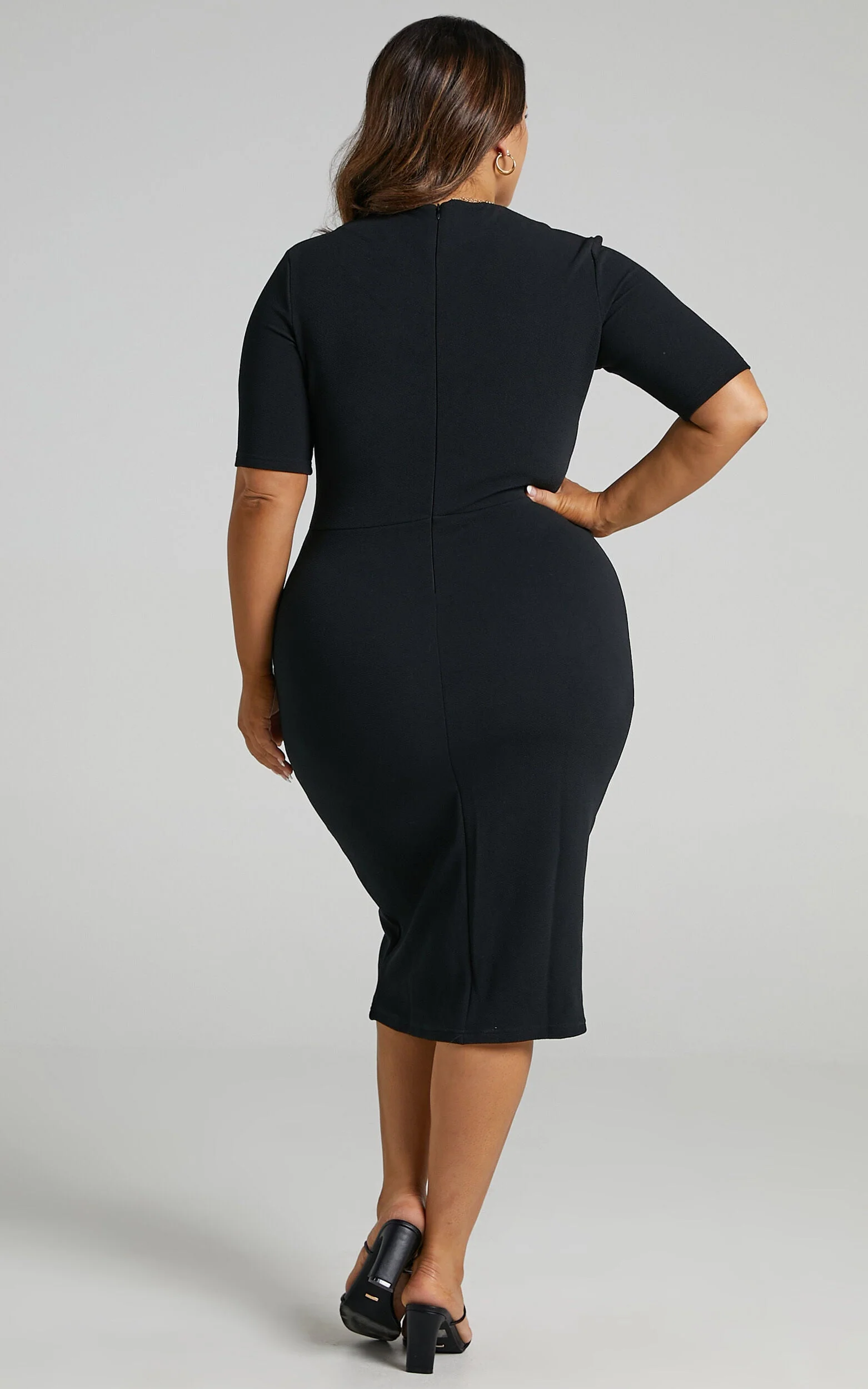 Tall Tales Midi Dress - Bodycon Centre Split Dress in Black
