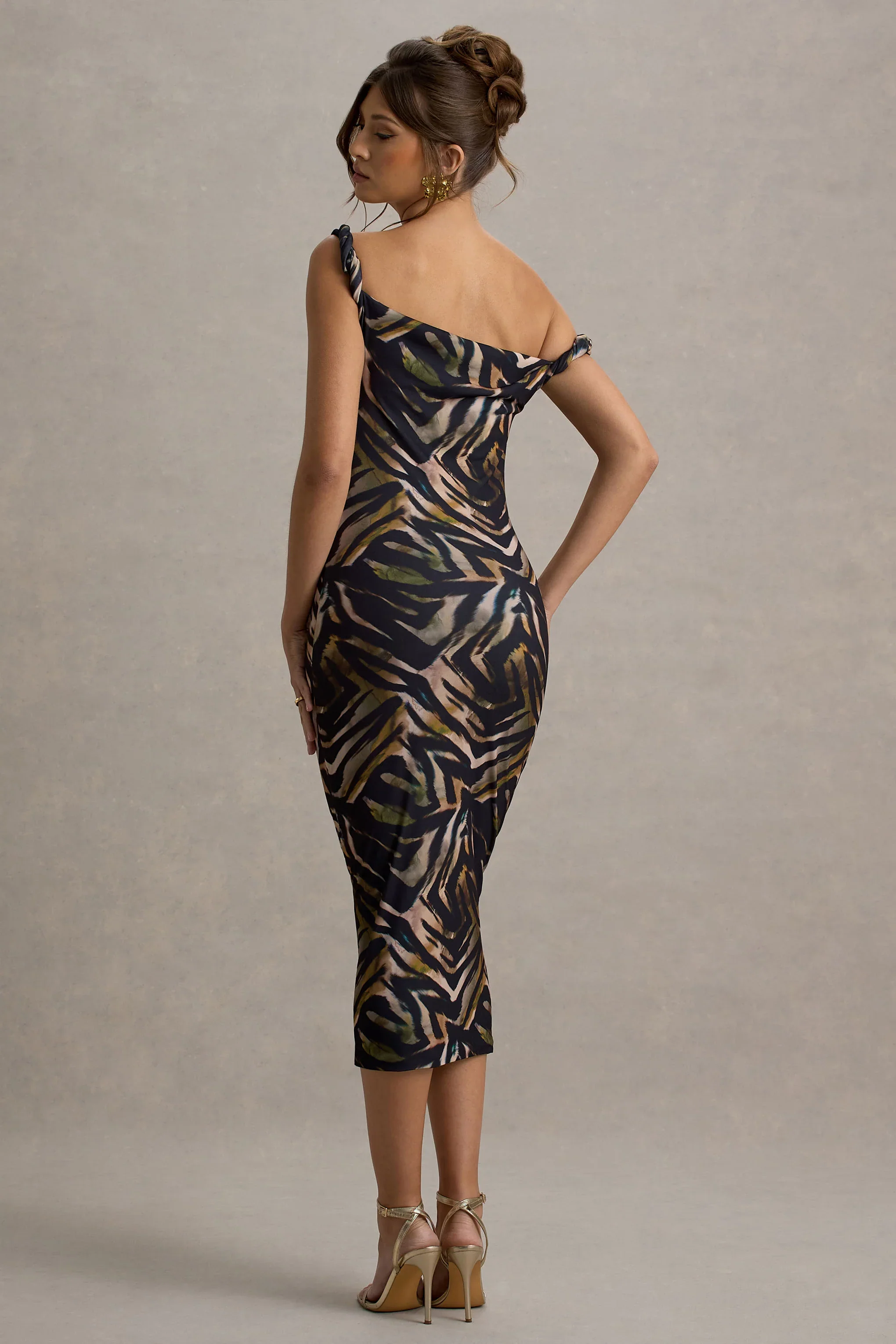 Nora | Zebra Print Twisted Asymmetric Midi Dress