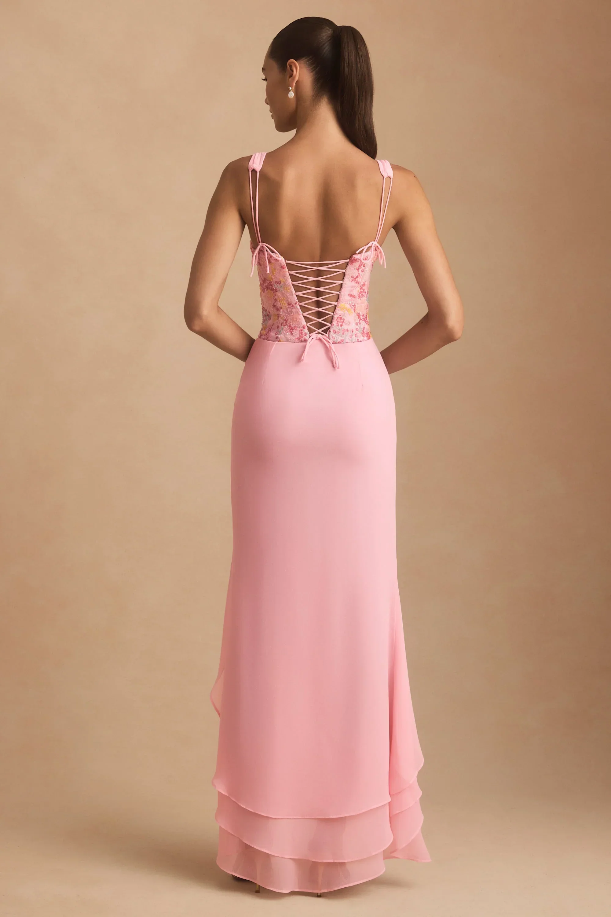 Embellished Plunge Ruffled Corset Maxi Dress in Pink