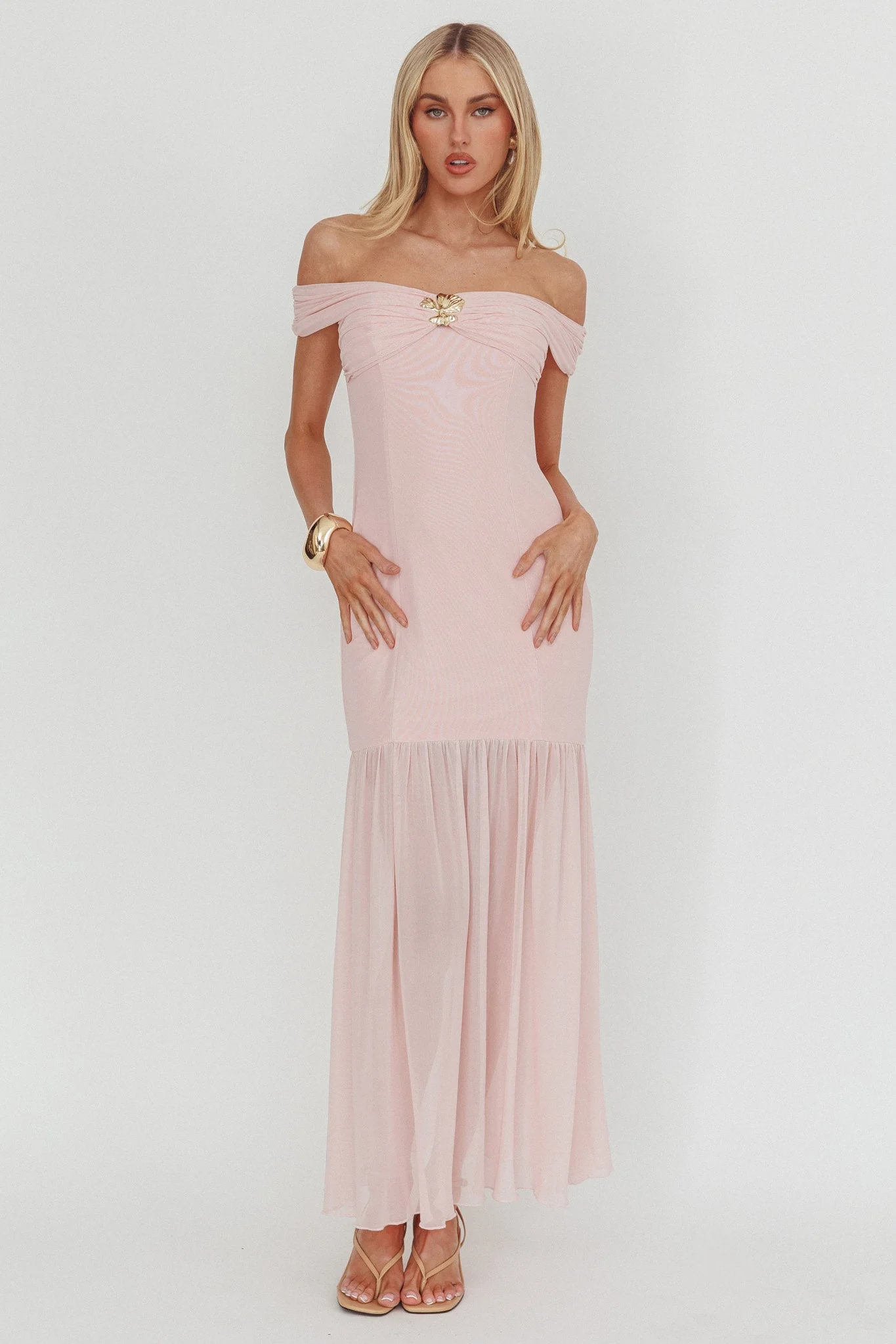 Wilma Off-Shoulder Sheer Hem Maxi Dress Pink