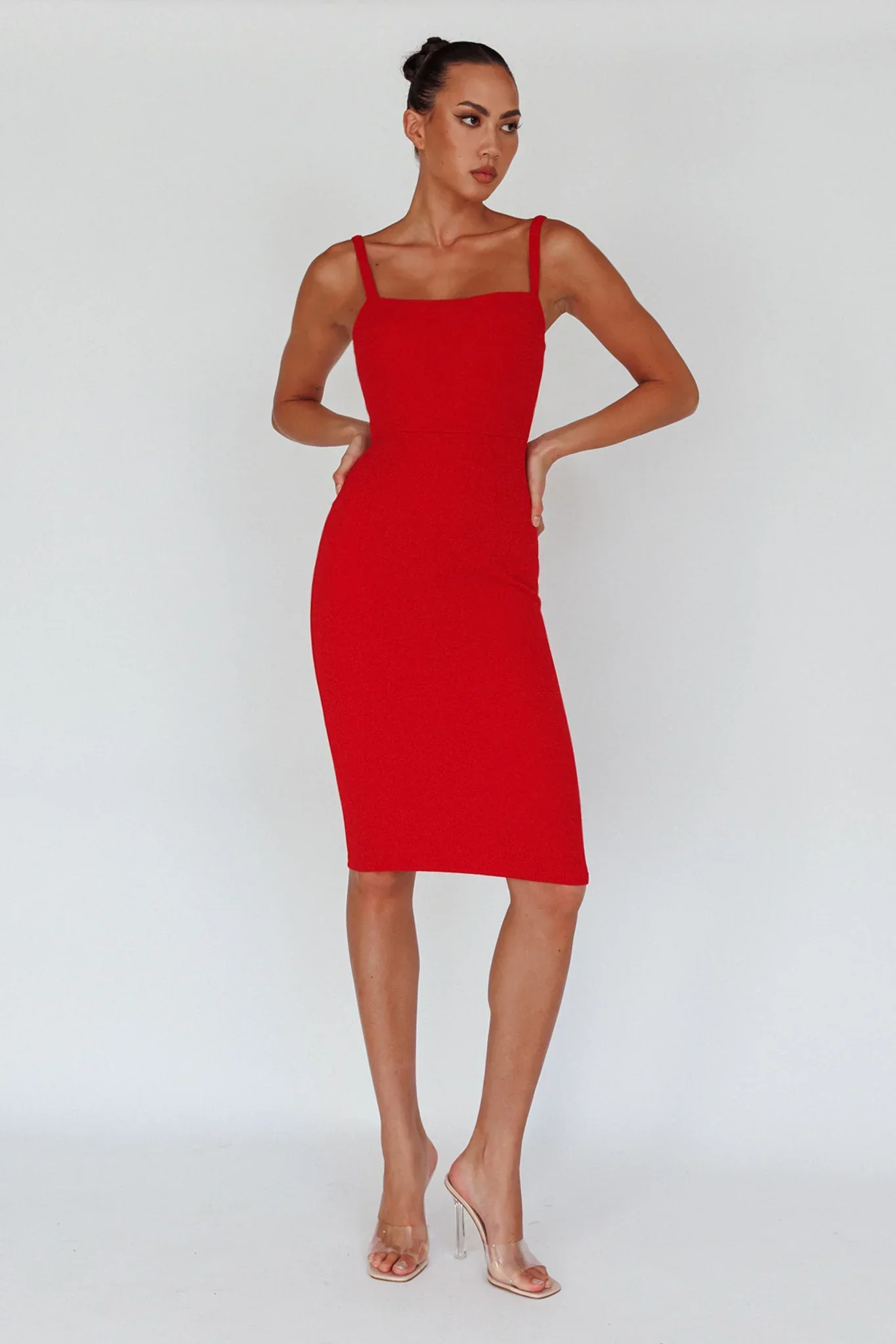 Georgia Square Neckline Midi Dress Red