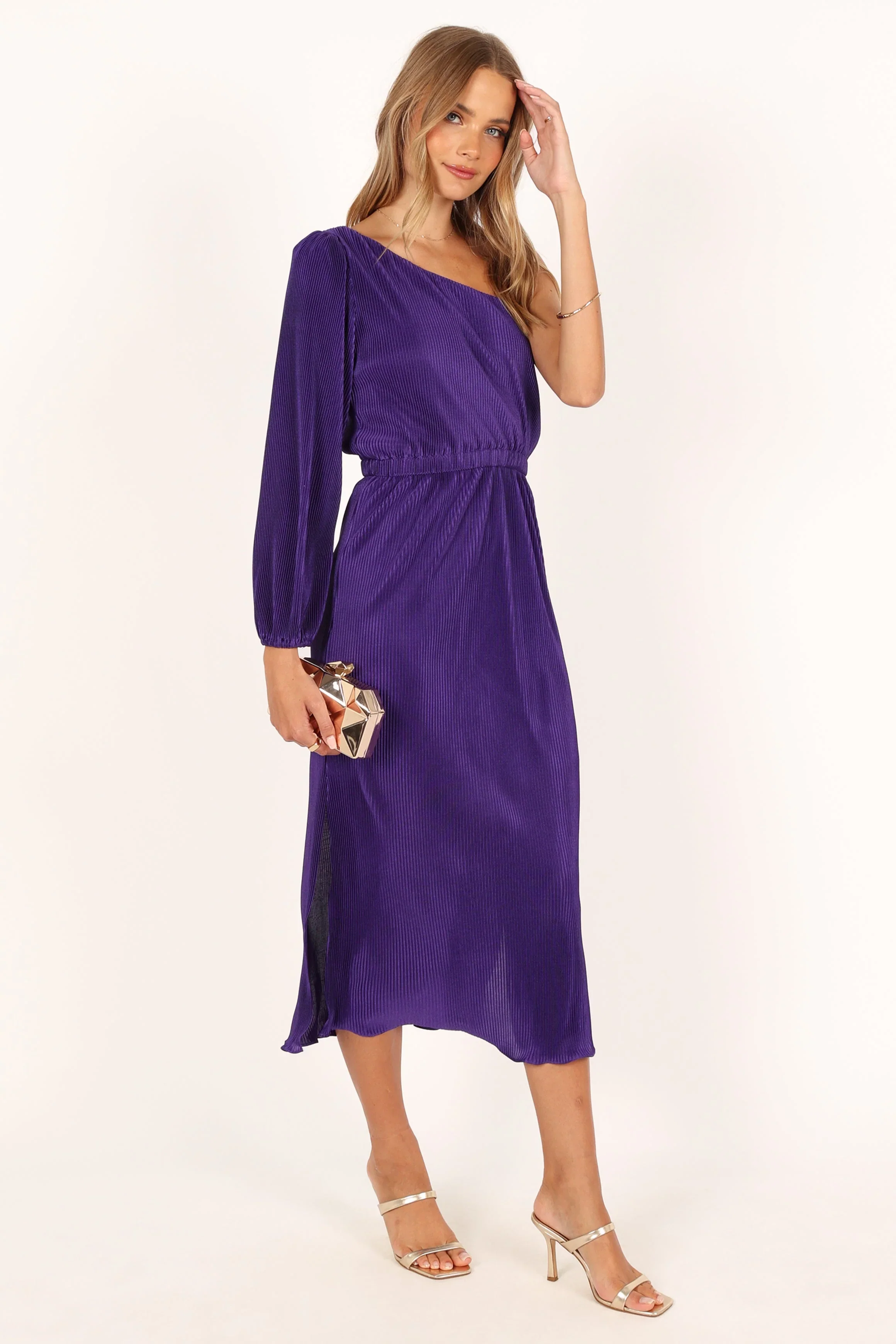 Pontee One Shoulder Pleated Midi Dress - Purple