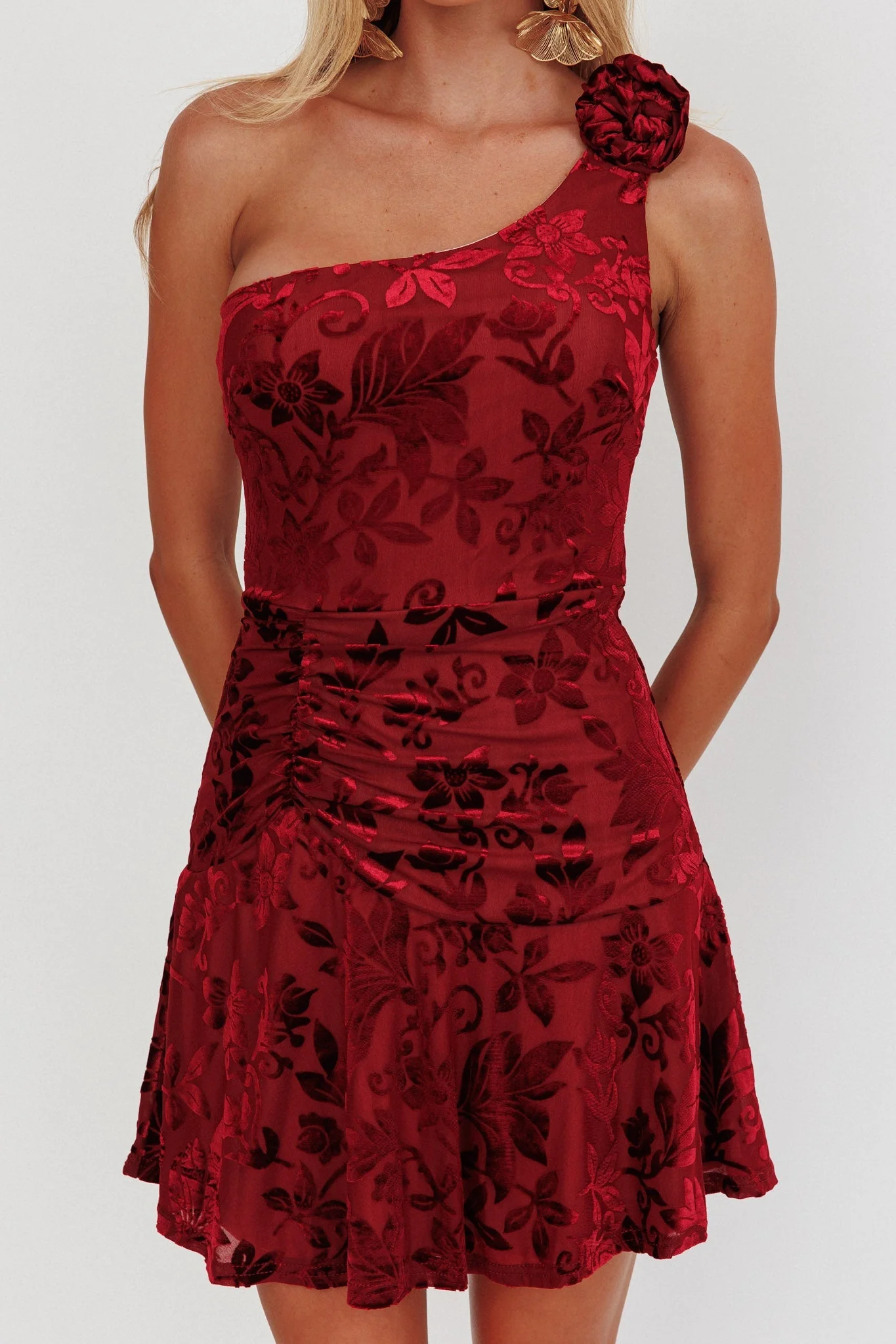 Midnight Aura One Shoulder Mini Dress Wine