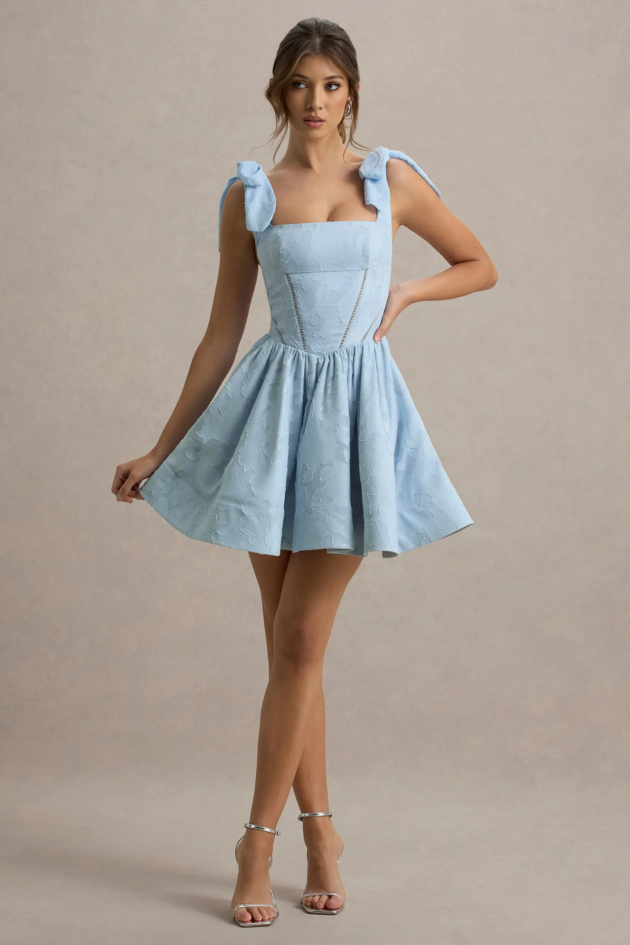 Bethani | Light Blue Skater Mini Dress With Bow Straps
