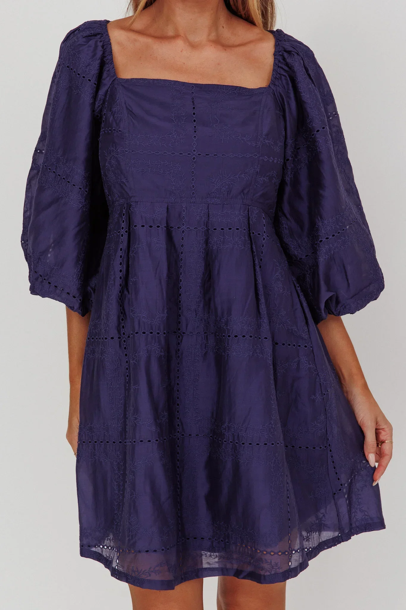 Summerlin Puff Sleeve Eyelet Mini Dress Navy