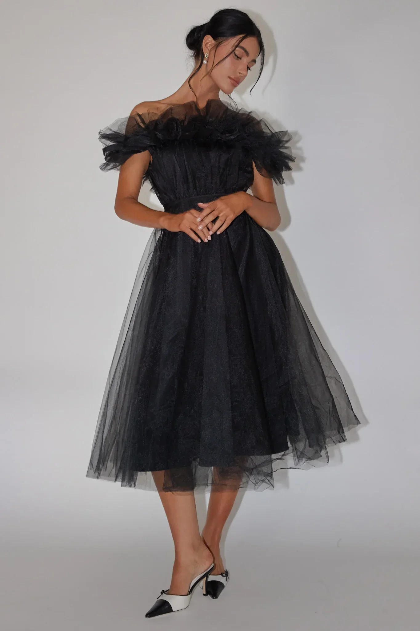 May Rose Off-Shoulder Tulle Midi Dress Black
