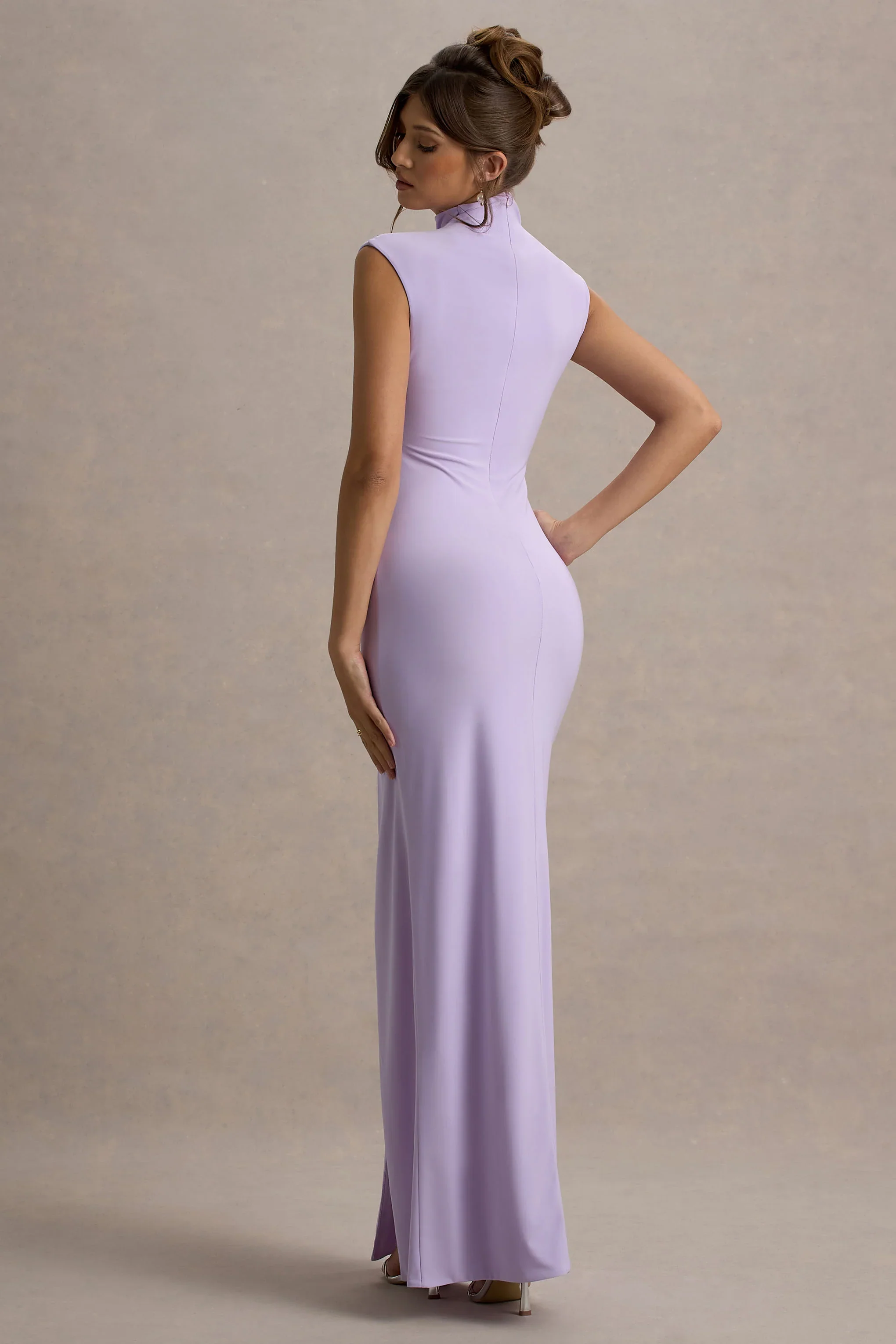 Lanetta | Lilac Ruched High-Neck Maxi Dress With Split