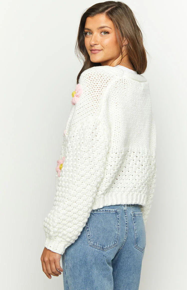 Luella White Flower Knit Cardigan