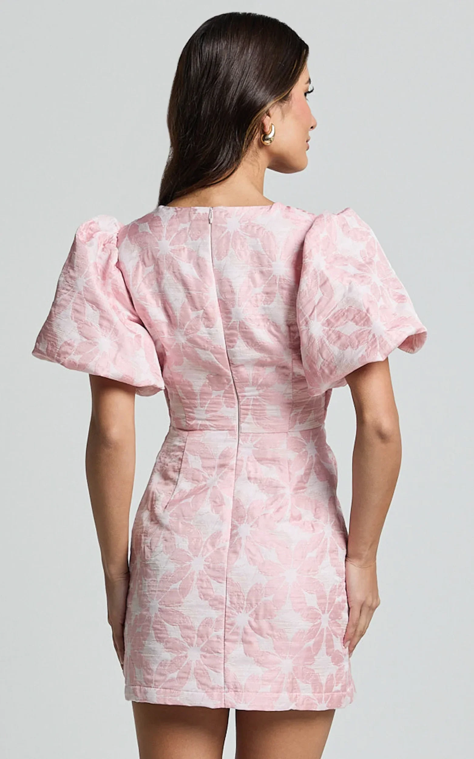 Diana Mini Dress Jacquard Short Sleeve Cut Out Dress in Light Pink