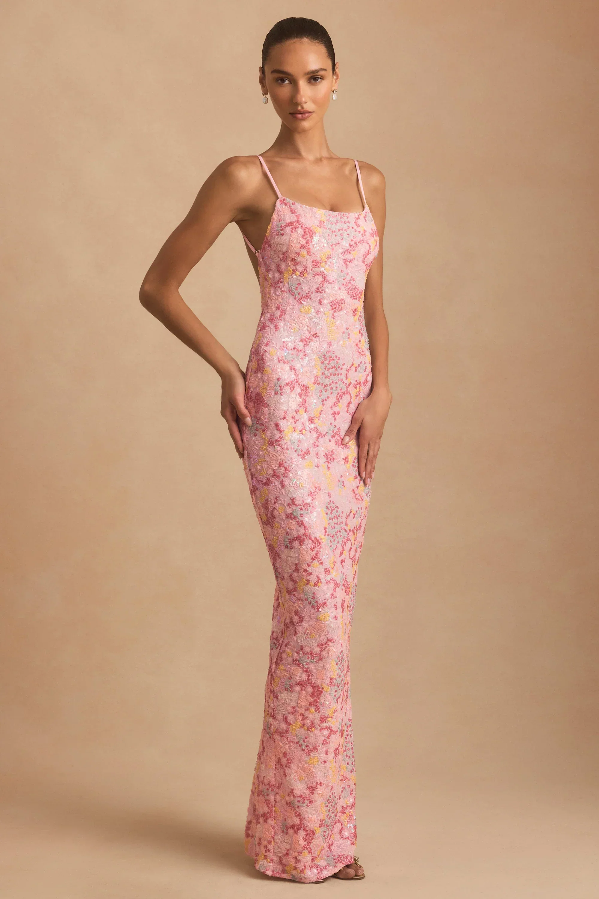Embellished Scoop-Neck Backless Maxi Dress in Pink