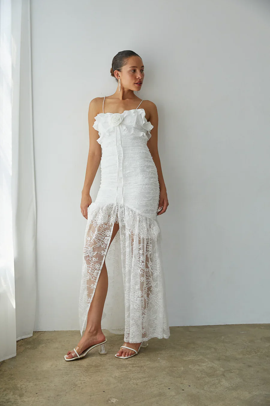 Aphrodite Lace Ruched Rosette Maxi Dress