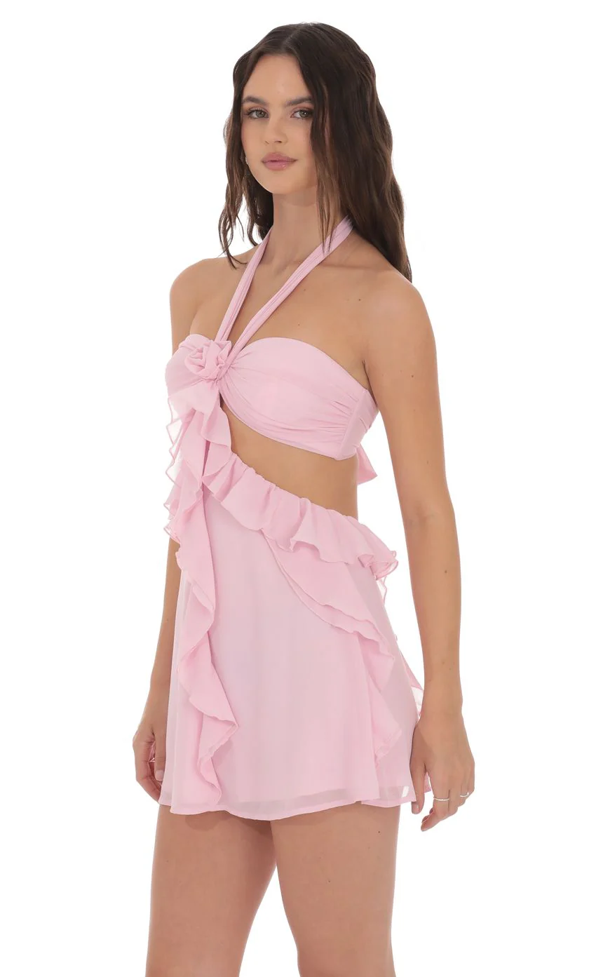 Chiffon Cutout Ruffle Dress in Pink