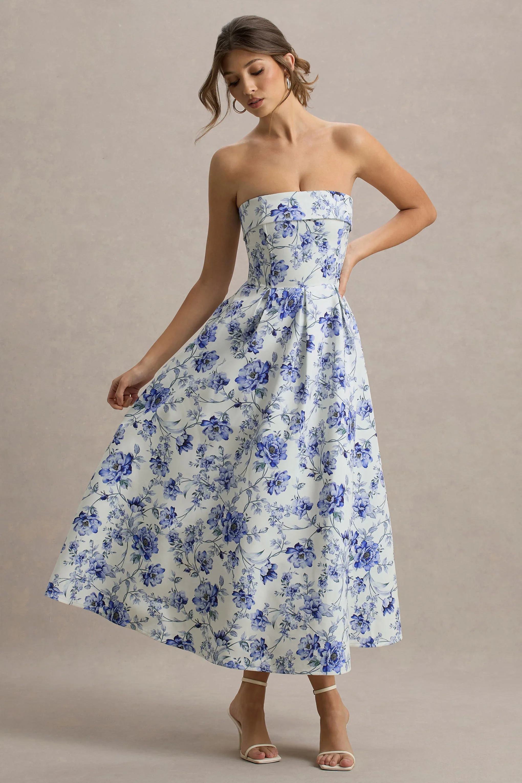 Annalise | Blue Porcelain Print Bandeau Skater Midi Dress