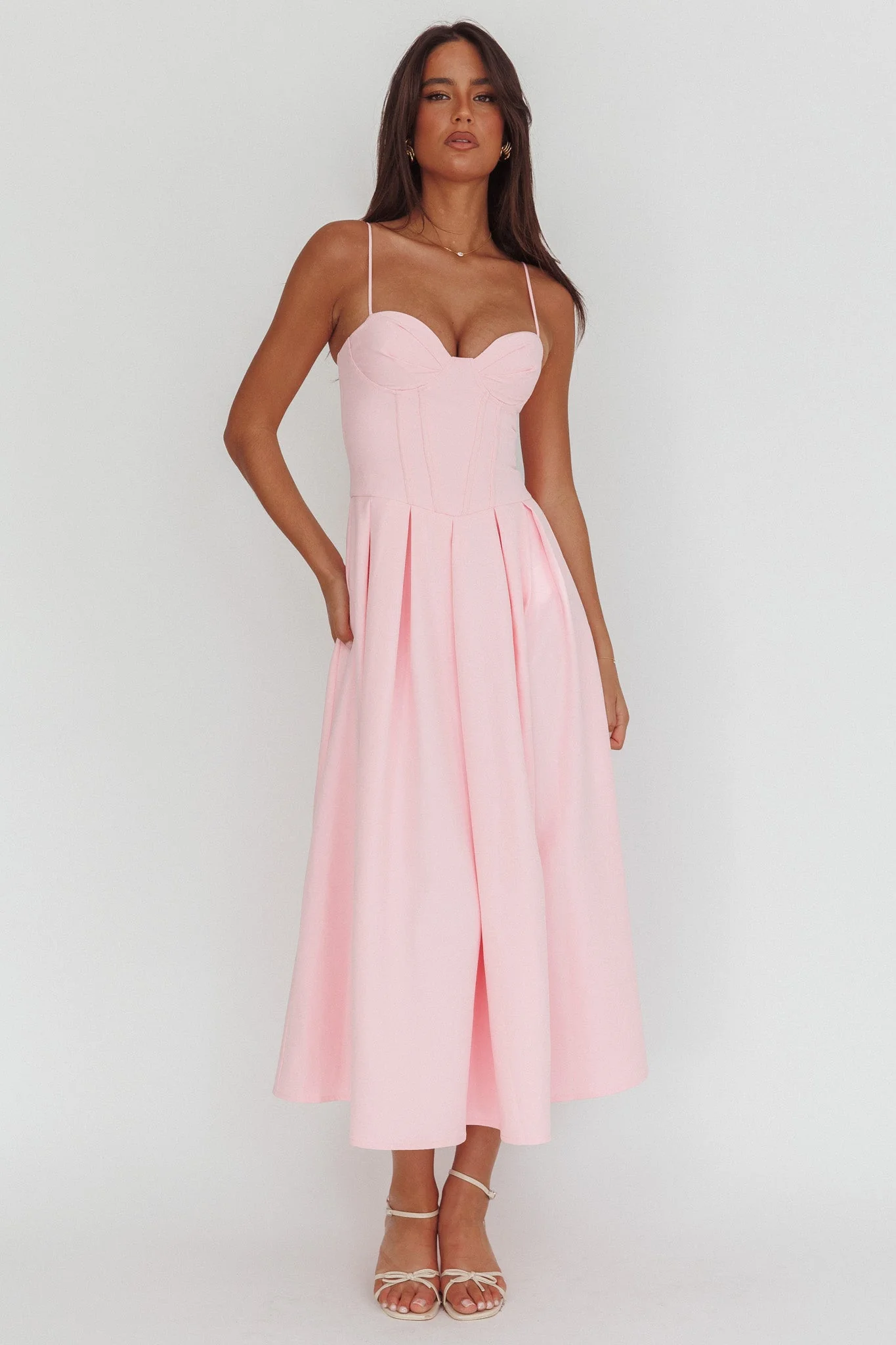 Kearsy Box Pleat Sweetheart Neckline Midi Dress Pink