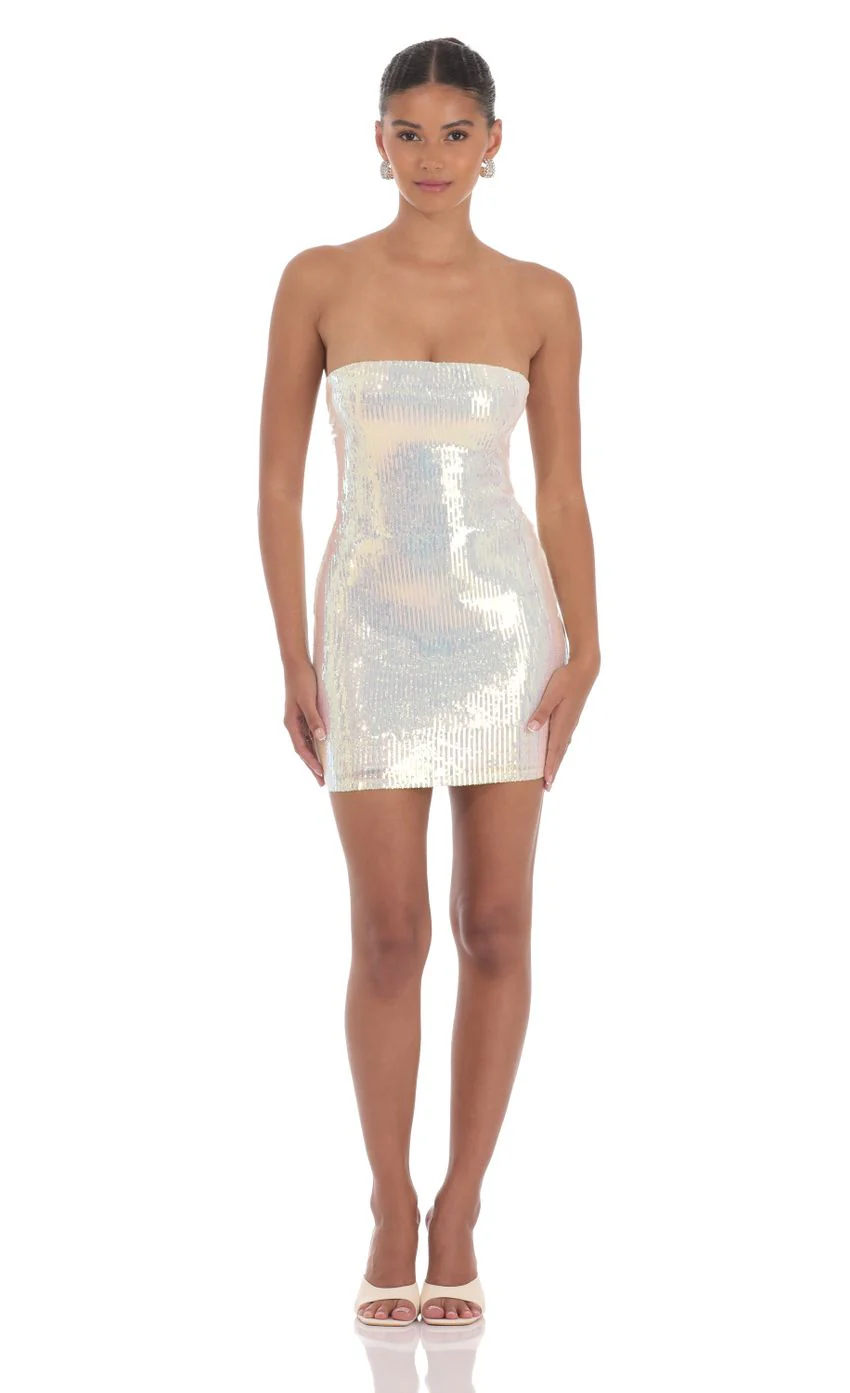 Iridescent Seqiun Strapless Bodycon Dress in Cream
