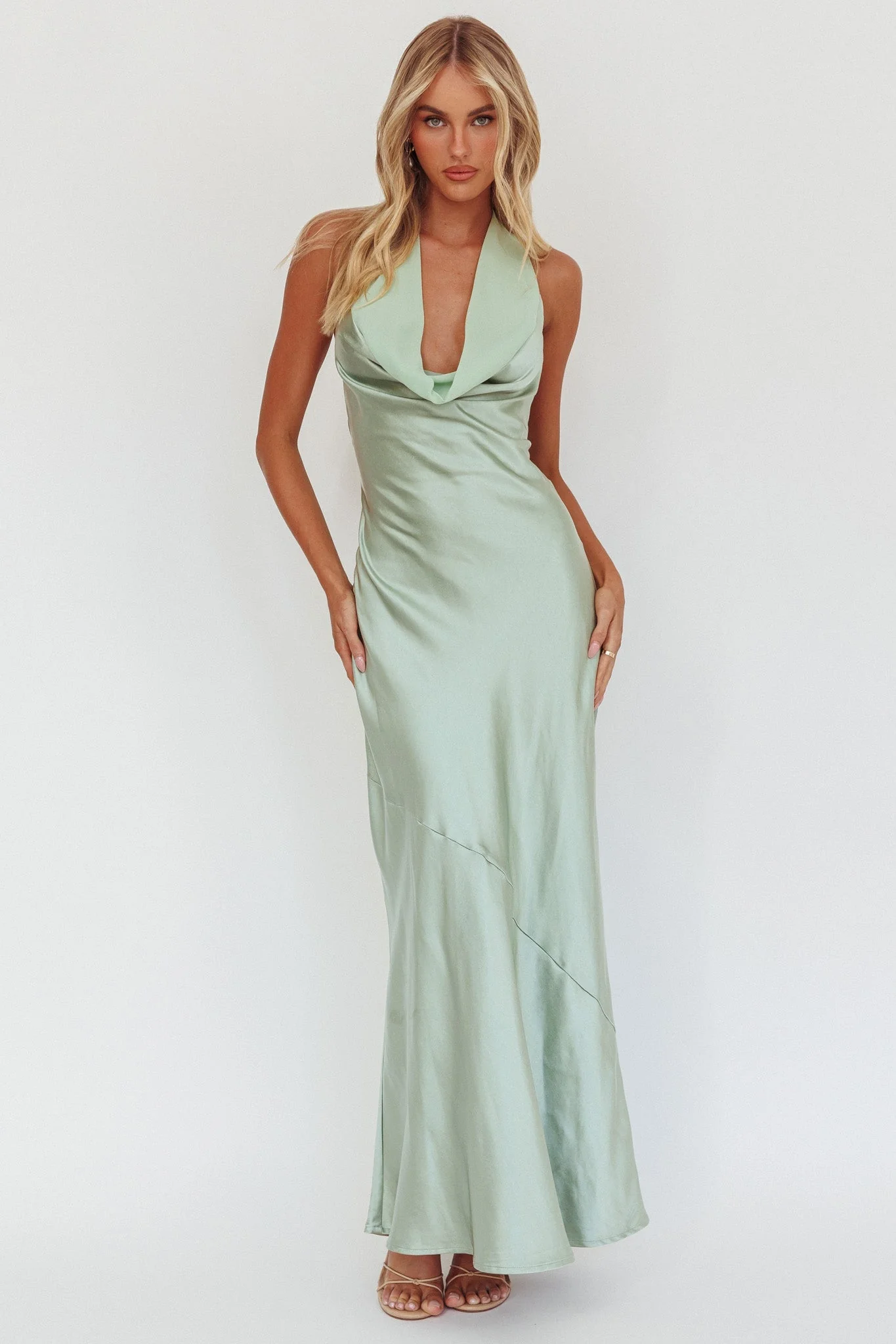 Leading Lady Open Back Cowl Maxi Dress Sage