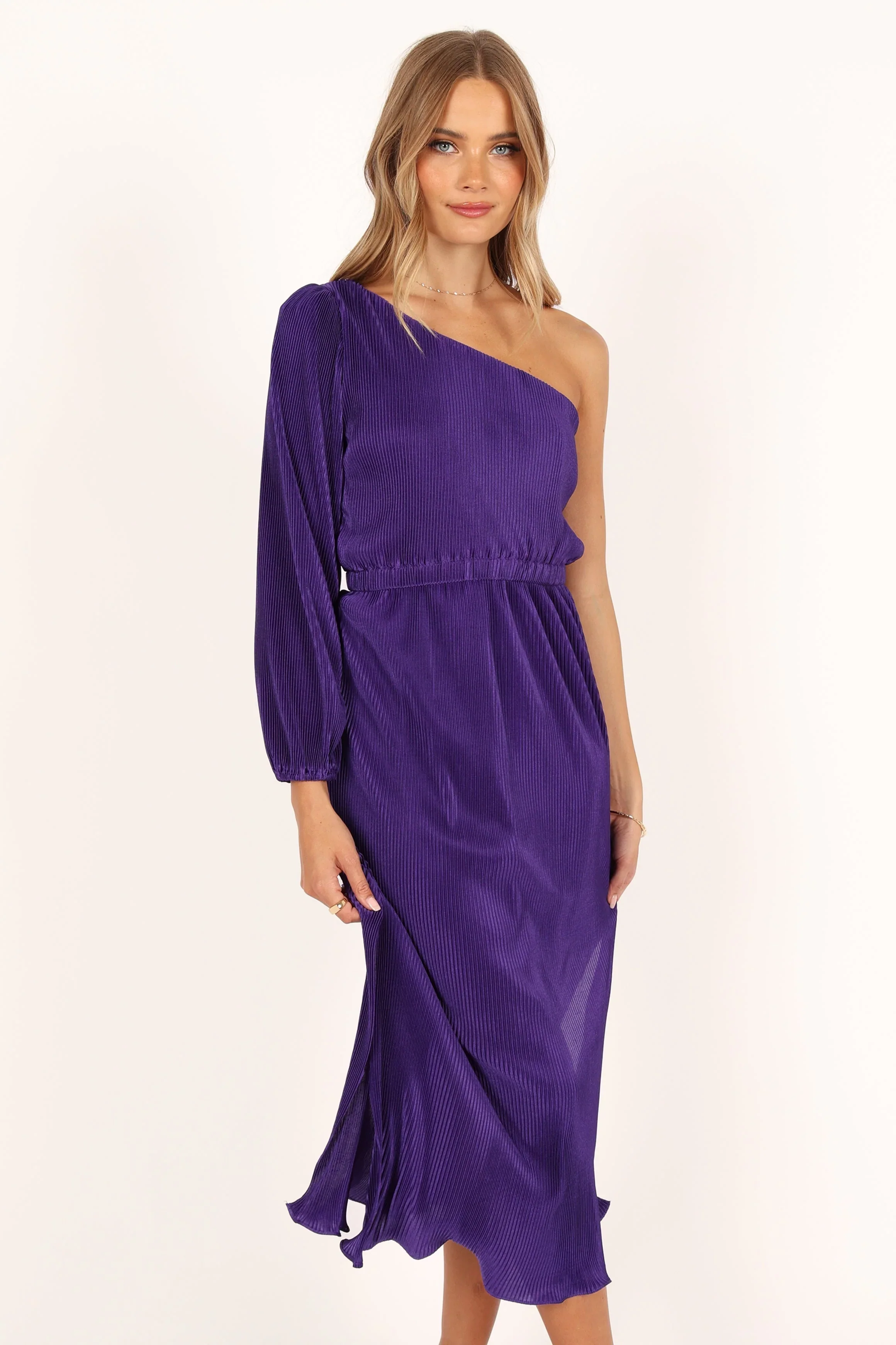 Pontee One Shoulder Pleated Midi Dress - Purple