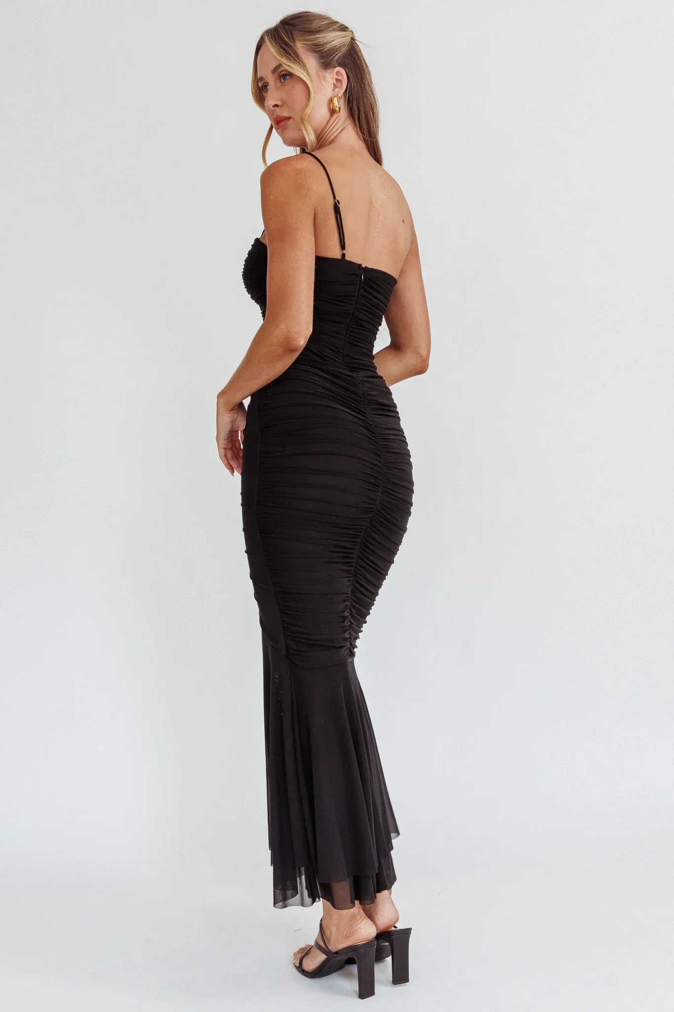 By Chance One Strap Ruched Maxi Dress Black