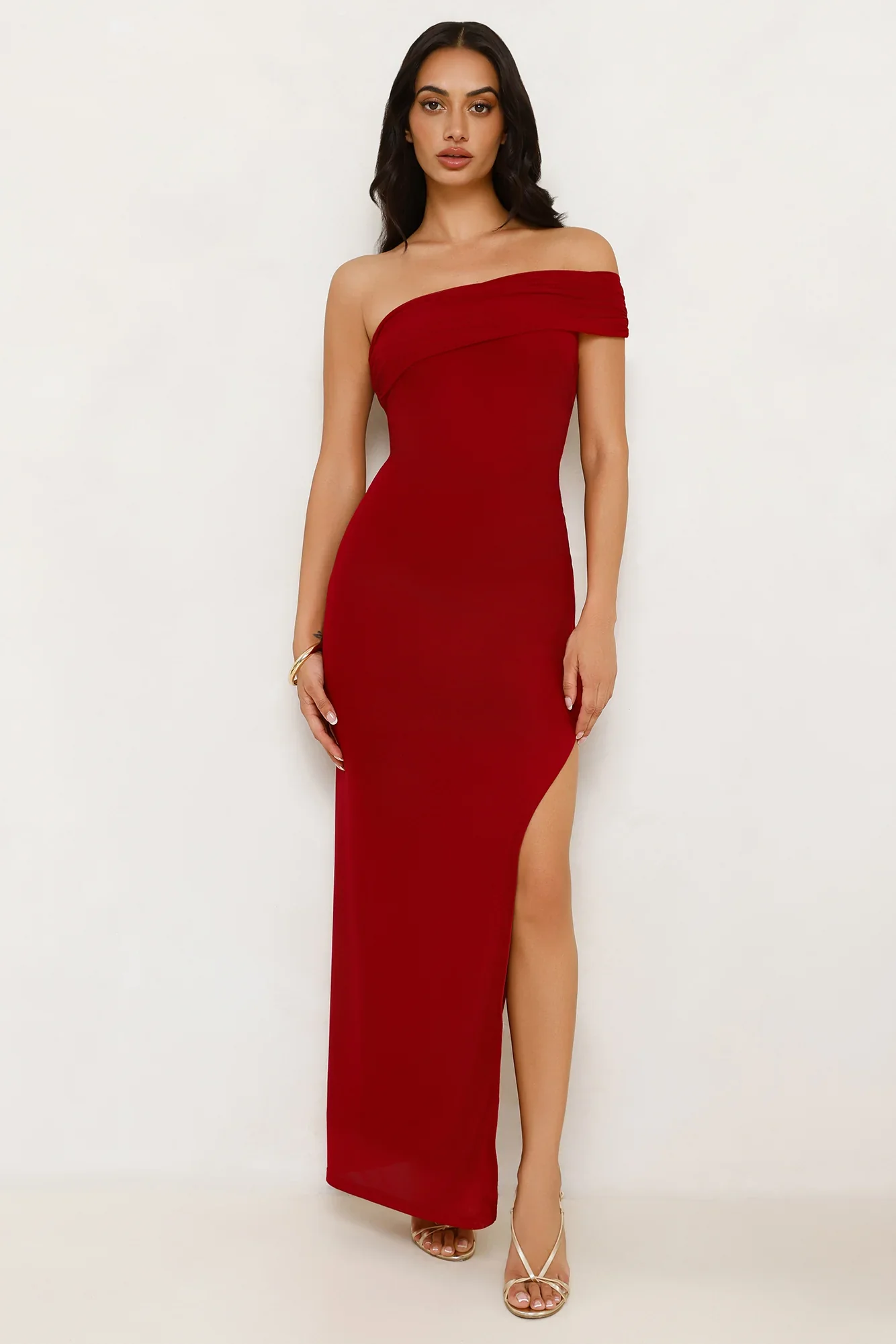 Berry Fresh Mesh One Shoulder Maxi Dress