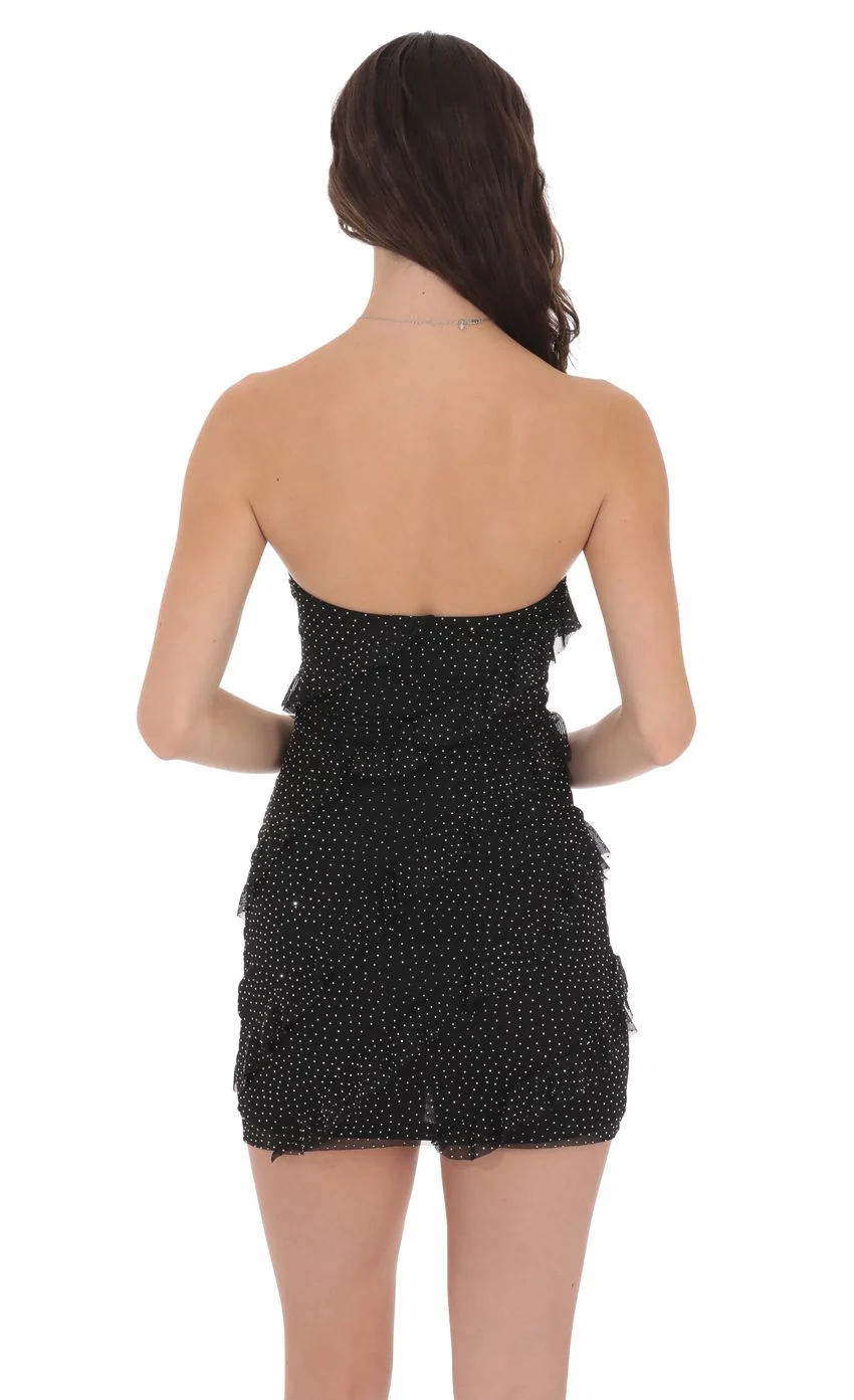 Mesh Rhinestone Strapless Ruffle Dress in Black