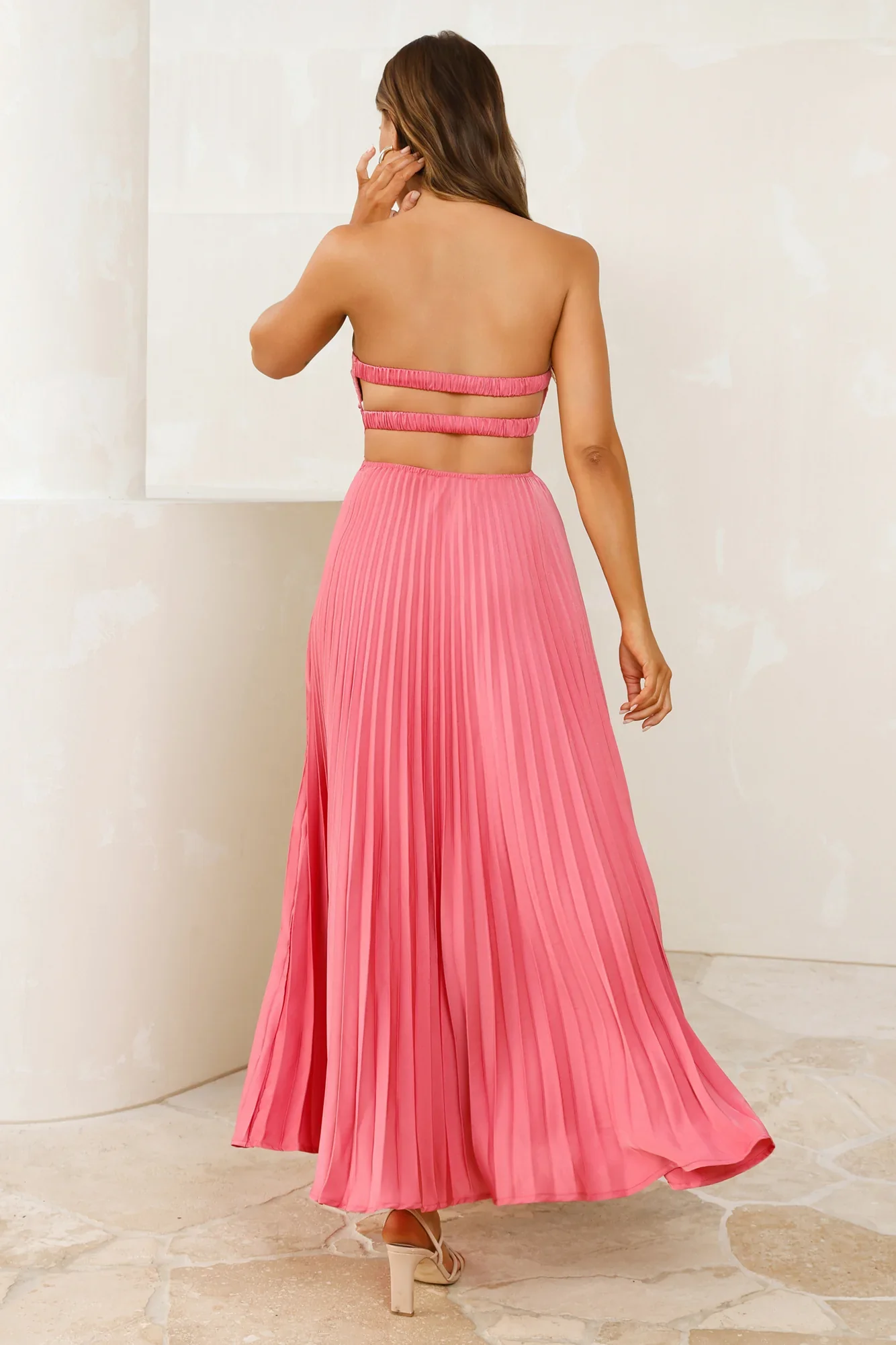 Vibes Are Priceless Strapless Satin Pleated Maxi Dress