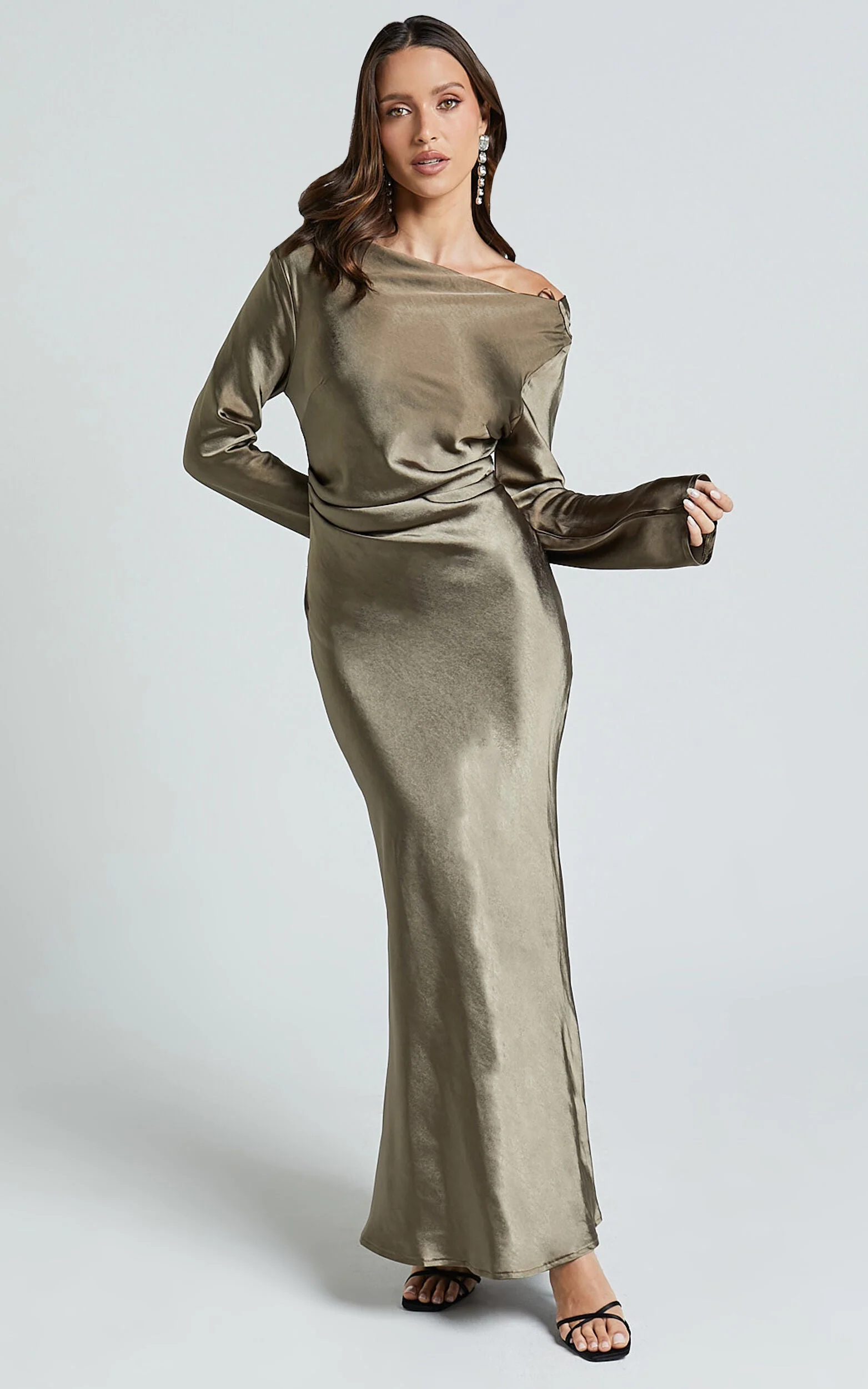 Arriana Midi Dress - Long Sleeve Cowl Back Satin Dress in Dark Olive